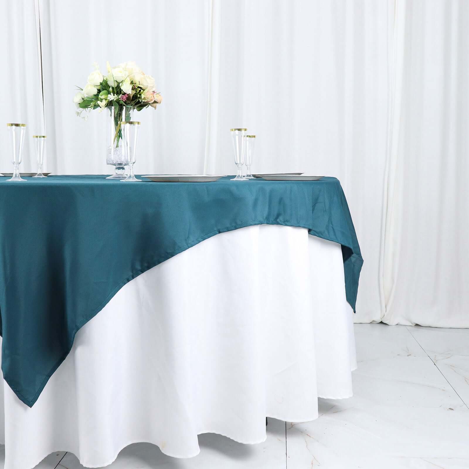 Wrinkle-Resistant & Durable 70x70 Polyester Square Table Overlay in Peacock Teal