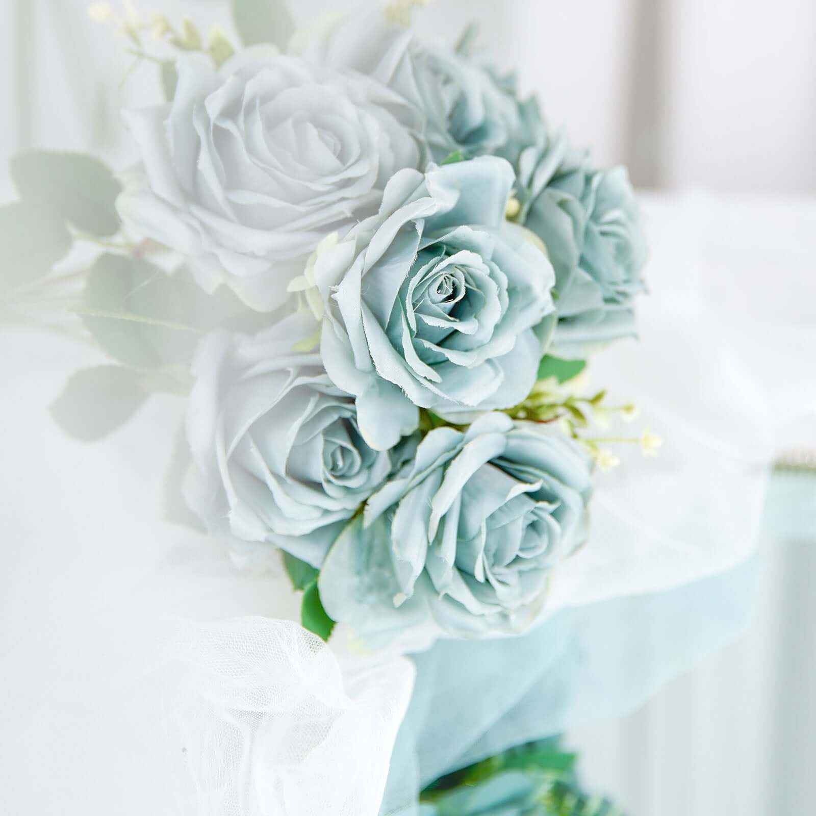 Hot Sale! 2 Bushes Silk Artificial Rose Flower Bouquet in Light Dusty Blue with 18 Real - Touch Blooms