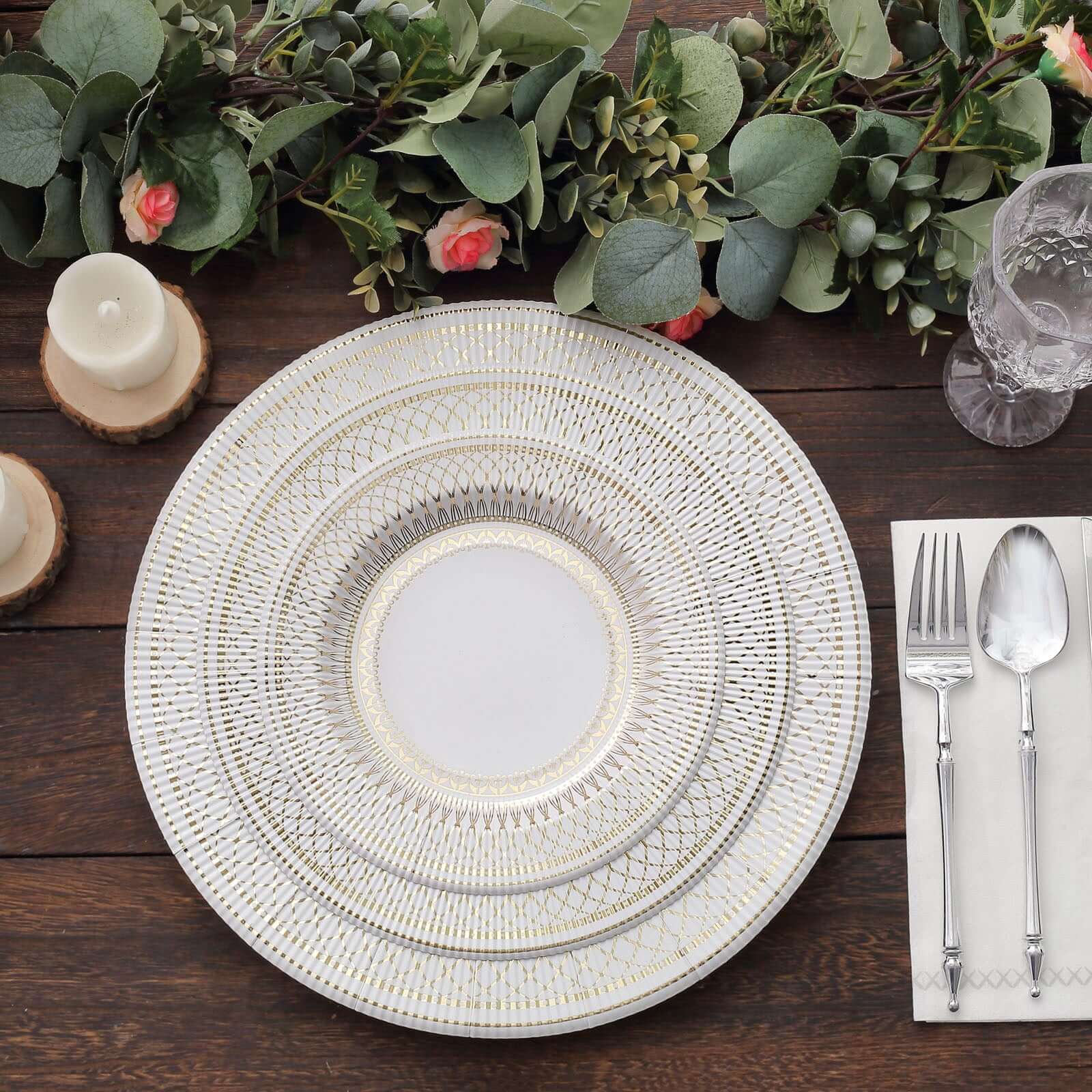 25-Pack Disposable 8-Inch White Salad Plates with Gold Vintage Porcelain Rim - Premium Quality