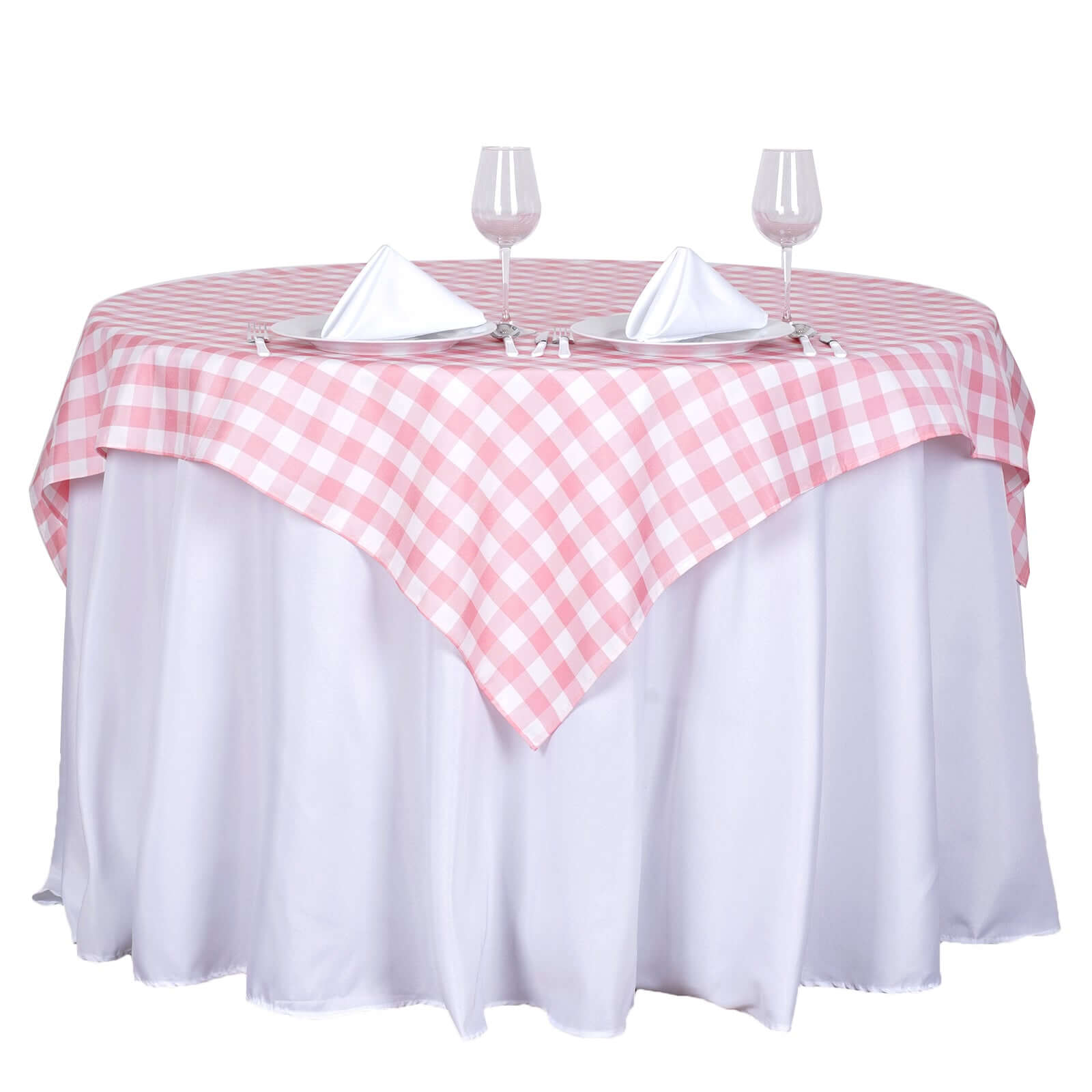 Hot! White/Rose Quartz Polyester 54x54 Checkered Buffalo Plaid Square Table Overlay for Casual Tables