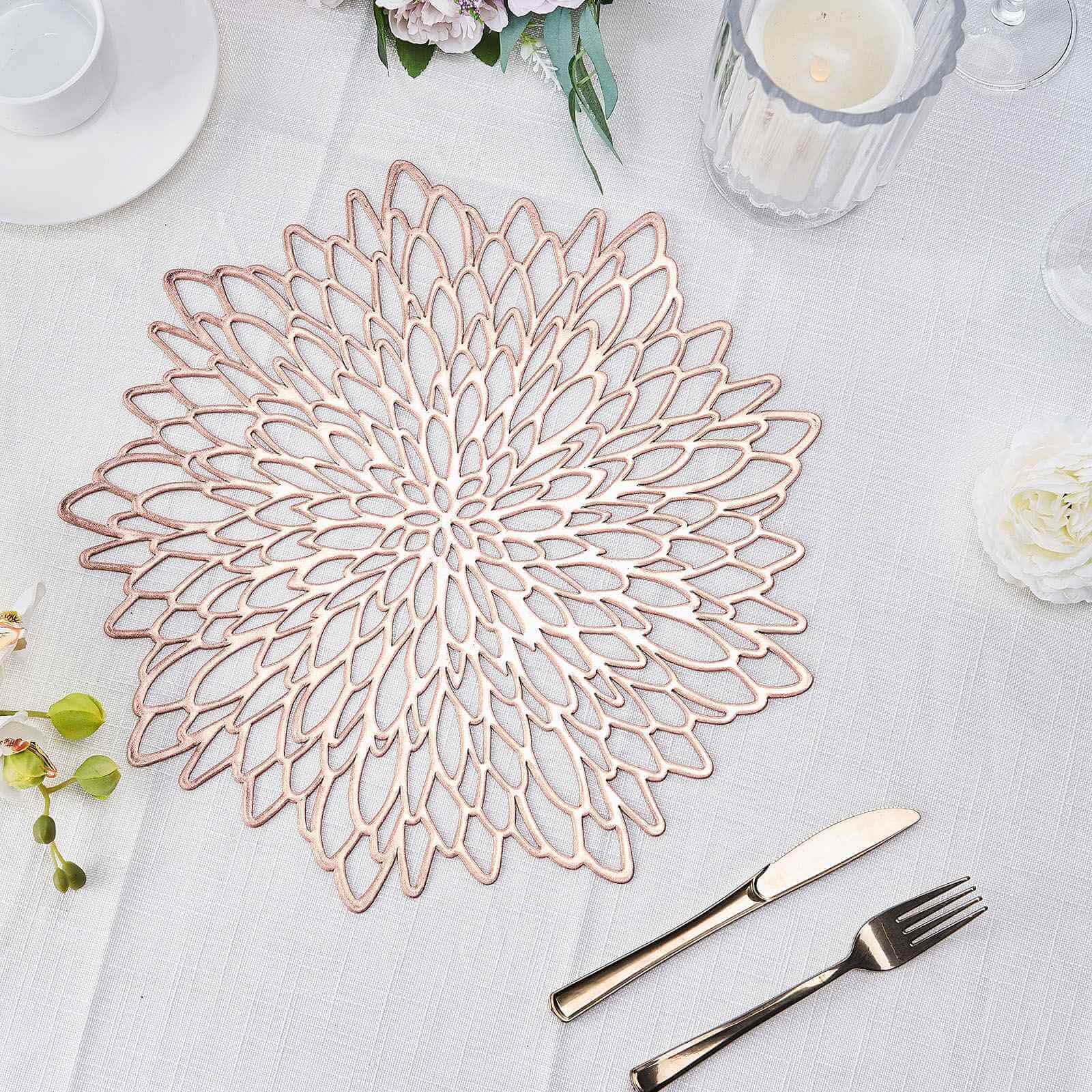 6-Piece Rose Gold Floral Round Non-Slip Vinyl Dining Table Mats, 15 Inches