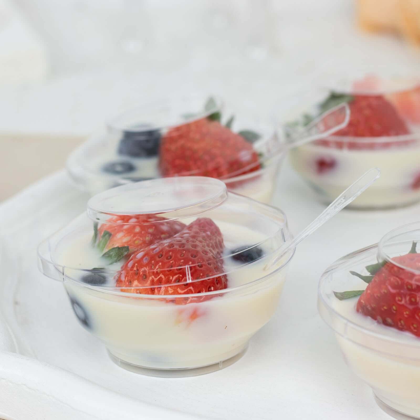 24-Piece Clear Plastic Mini Party Bowl Set with Lid and Spoon - 3.5oz Ideal for Desserts