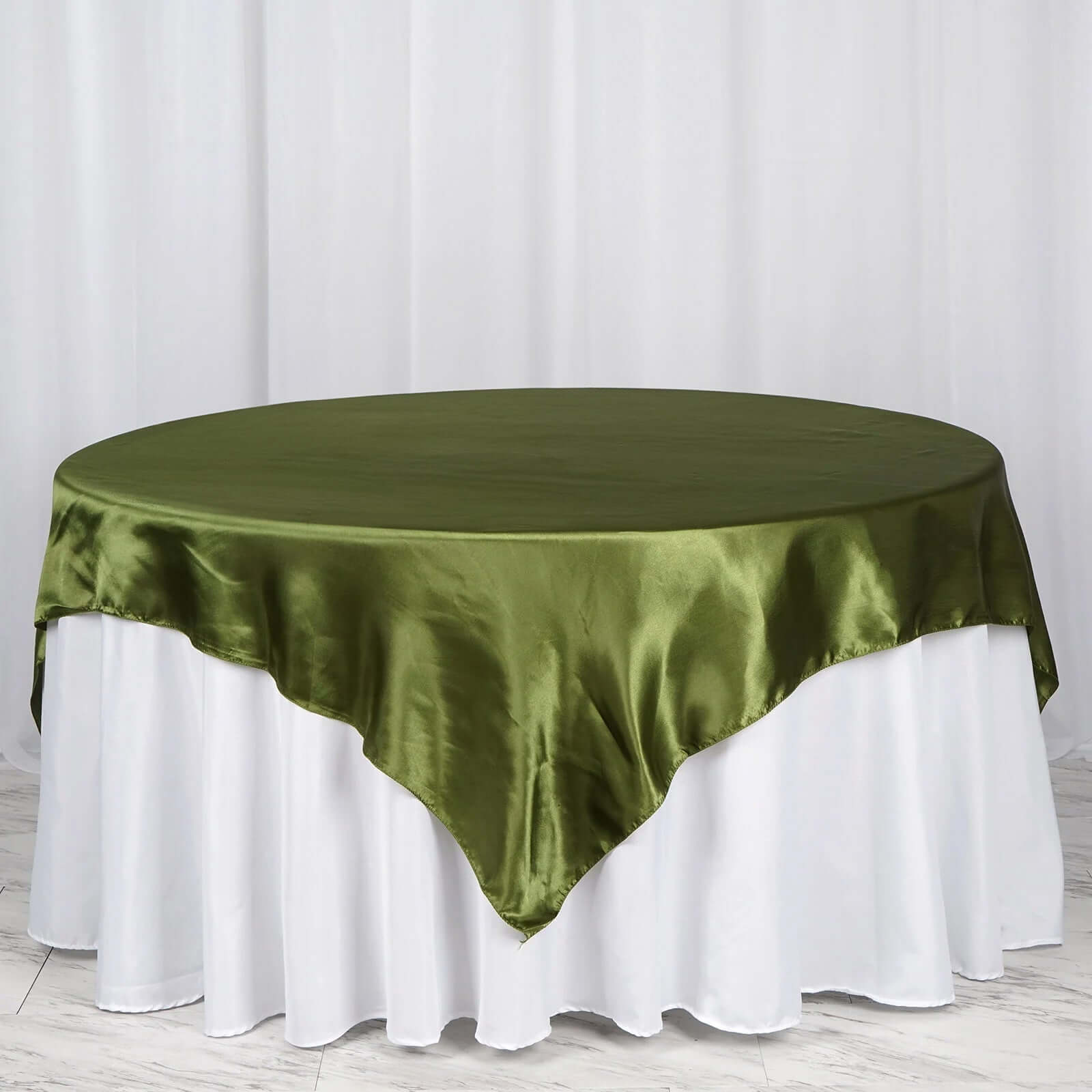 Olive Green Satin 72x72 Square Table Overlay - Smooth Finish Table Cover, Ideal for Events