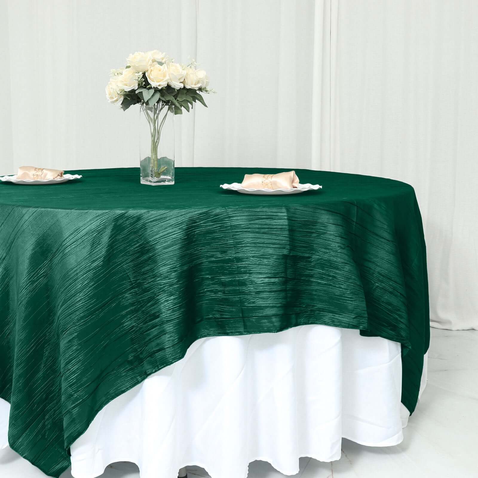 Hunter Emerald Green 90x90 Square Accordion Crinkle Taffeta Table Overlay