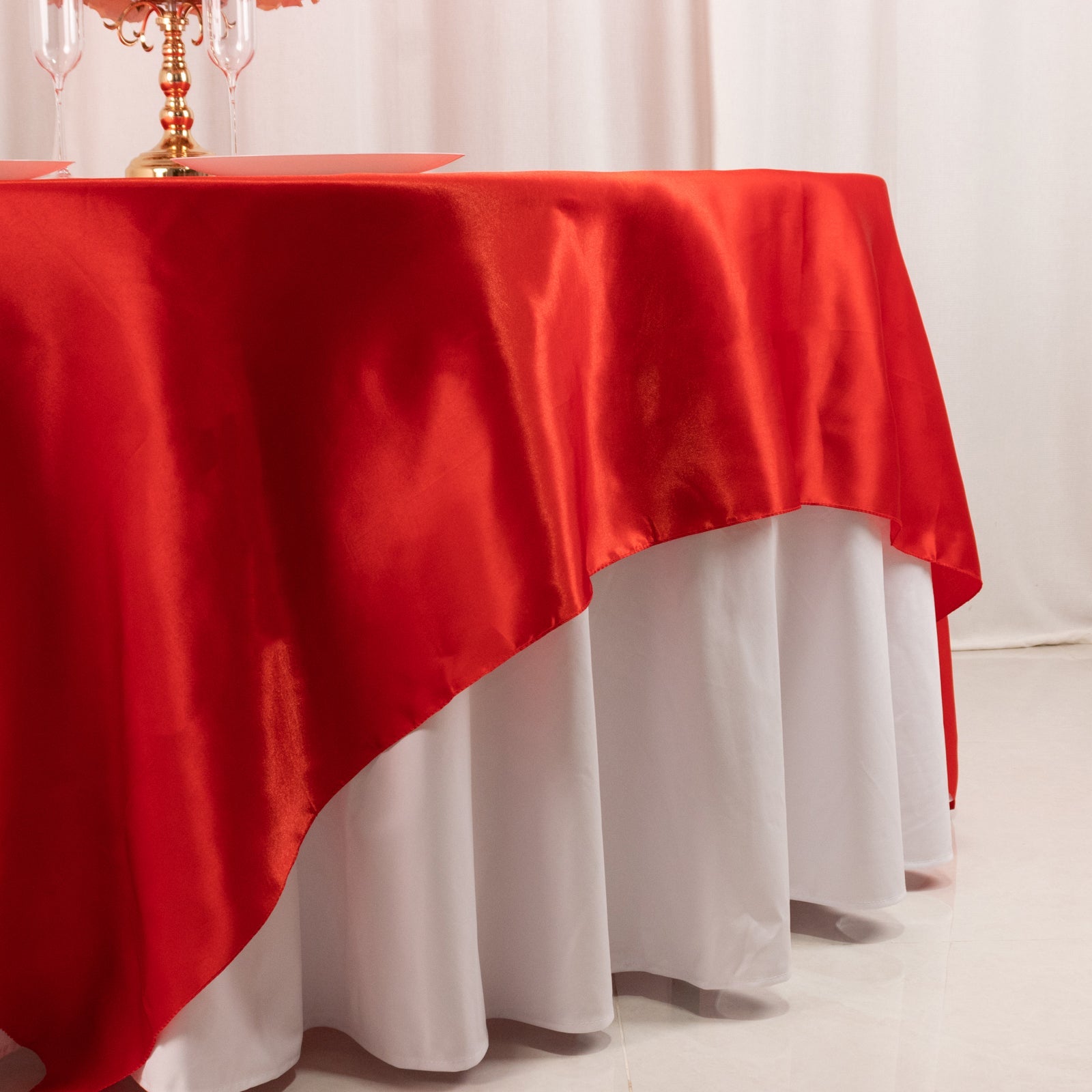 Hot Deal! Red Satin 90x90 Square Table Overlay with Smooth Finish