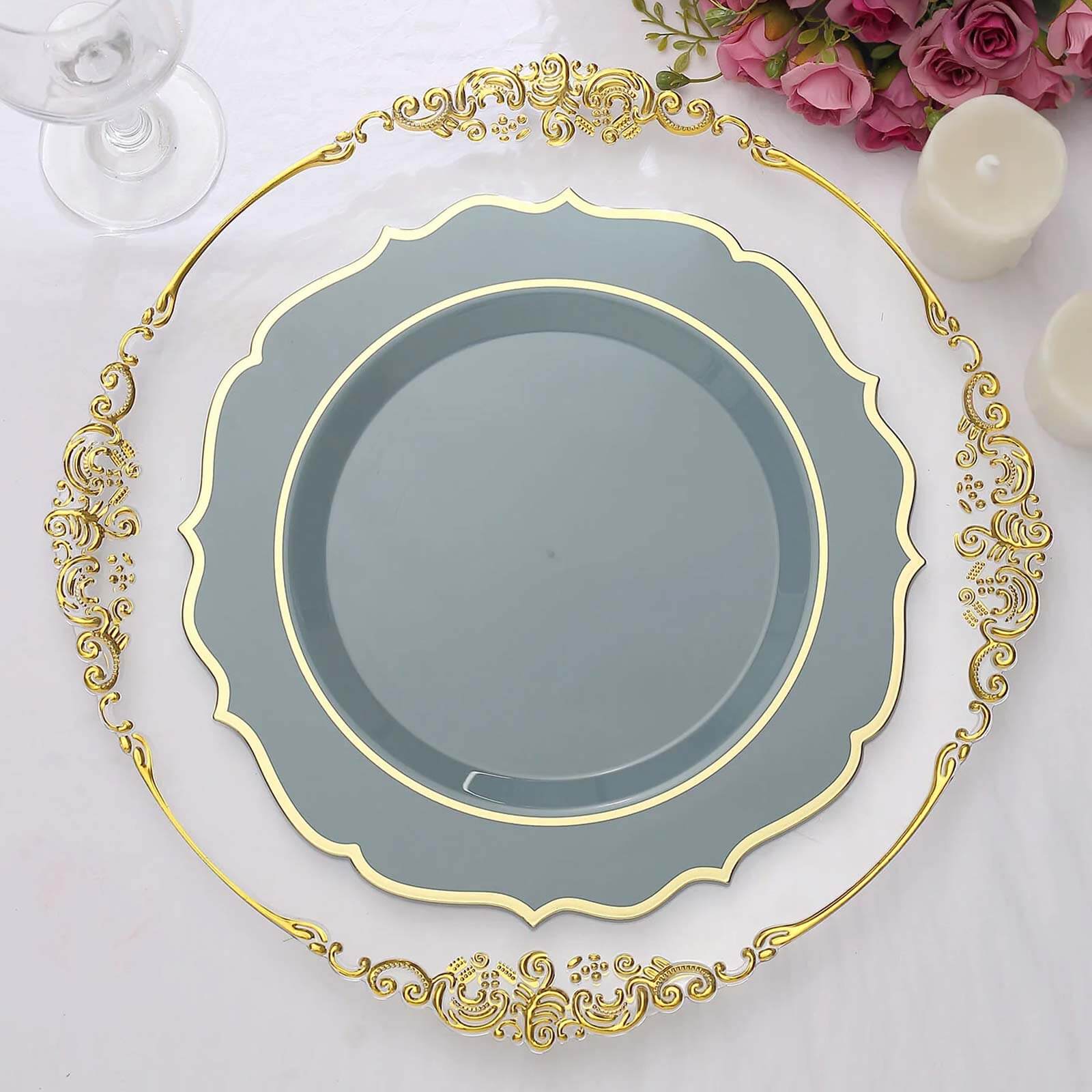 Get 10-Pack of Disposable Dusty Blue Plastic Round Dinner Plates with Gold Scalloped Rims for Party