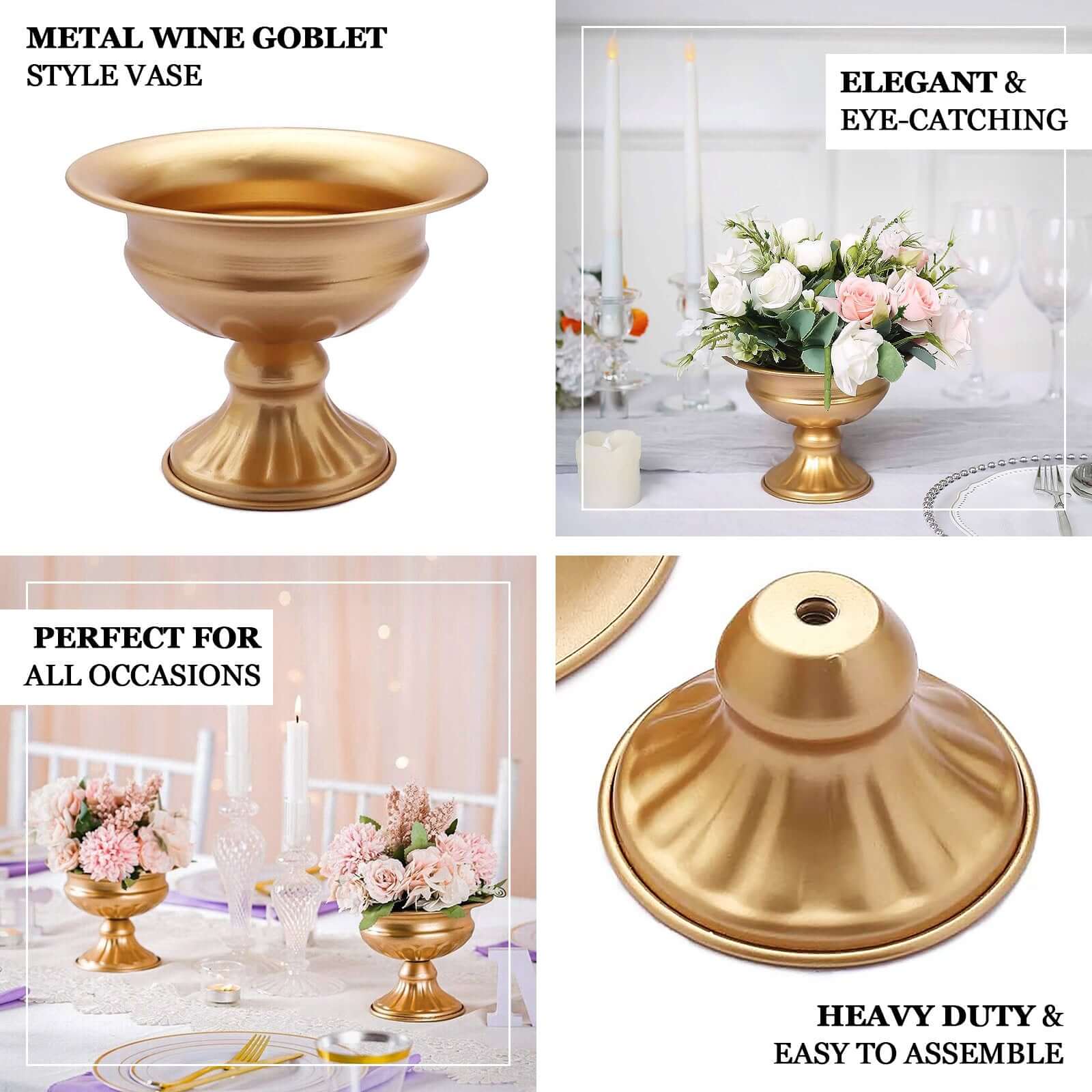 2-Pack Antique Gold Metal Wine Goblet Style Mini Compote Flower Vases for Elegant Wedding Centerpieces