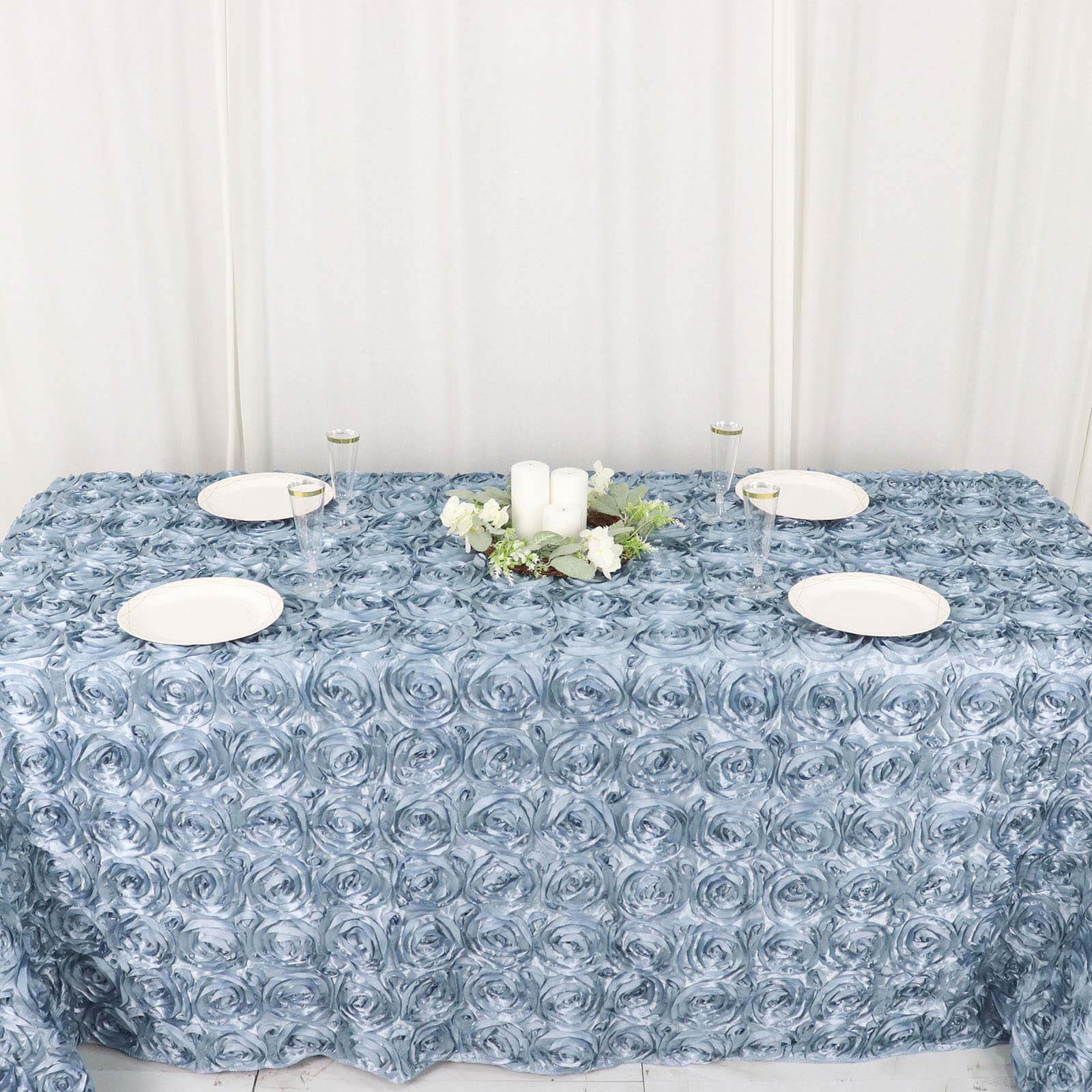 Dusty Blue High - Quality Satin 90x132 Rectangle Tablecloth with 3D Rosette Design