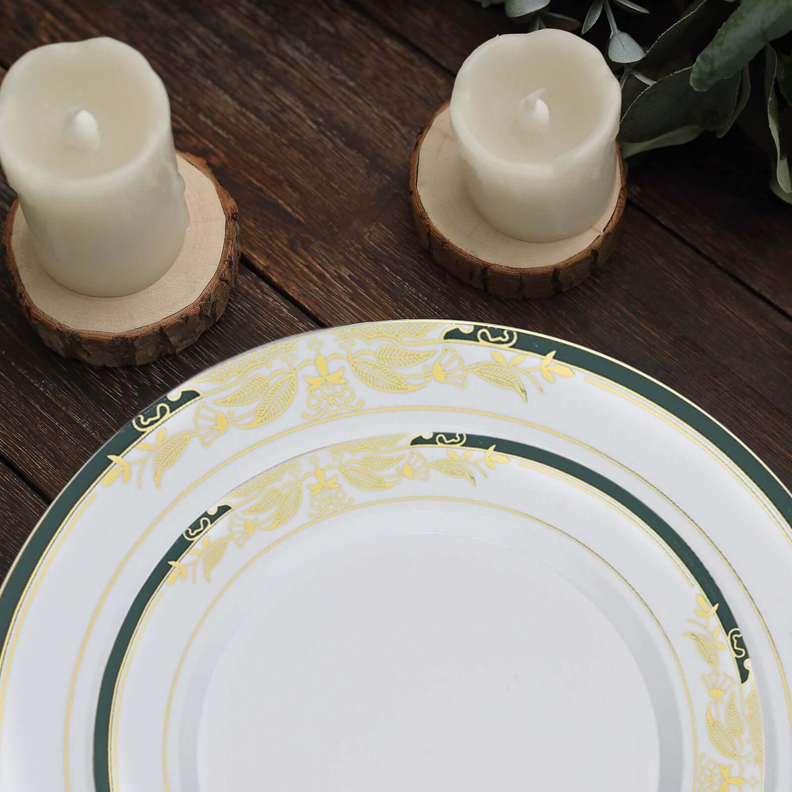 Hot Deal! 10-Pack Disposable 8-Inch Round Dessert & Salad Plates in White with Green & Gold Rim for Special Events