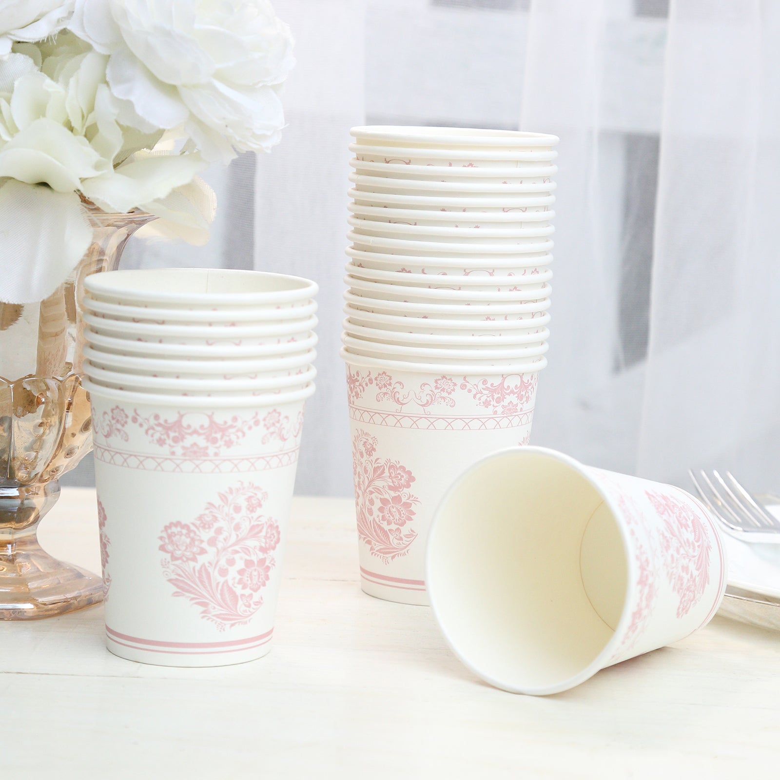 Hot Deal! 24-Pack 9oz Disposable Paper Party Cups in Elegant White Pink French Toile Pattern