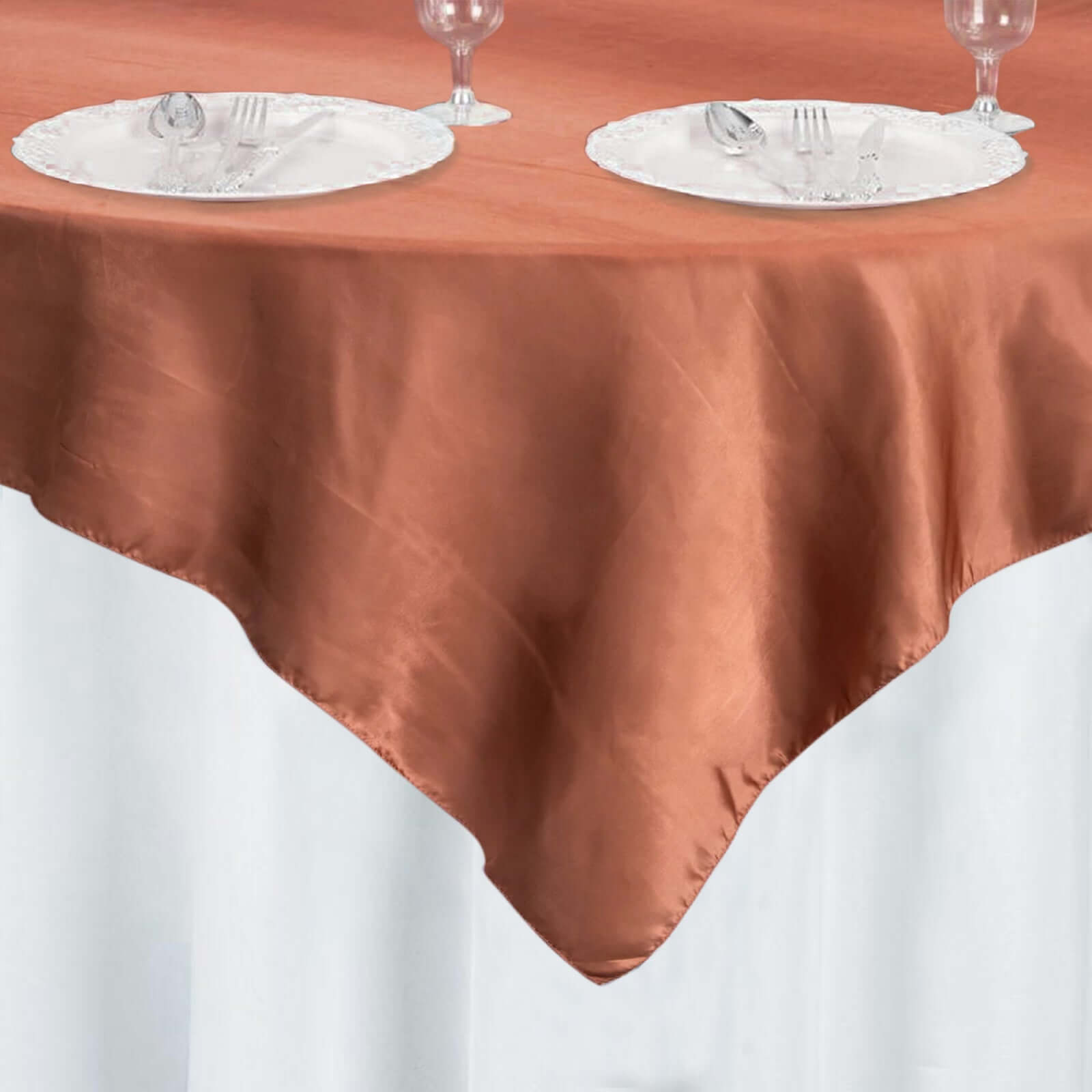 Hot Sale! 60x60 Satin Square Table Overlay in Terracotta (Rust) with Smooth Silky Touch