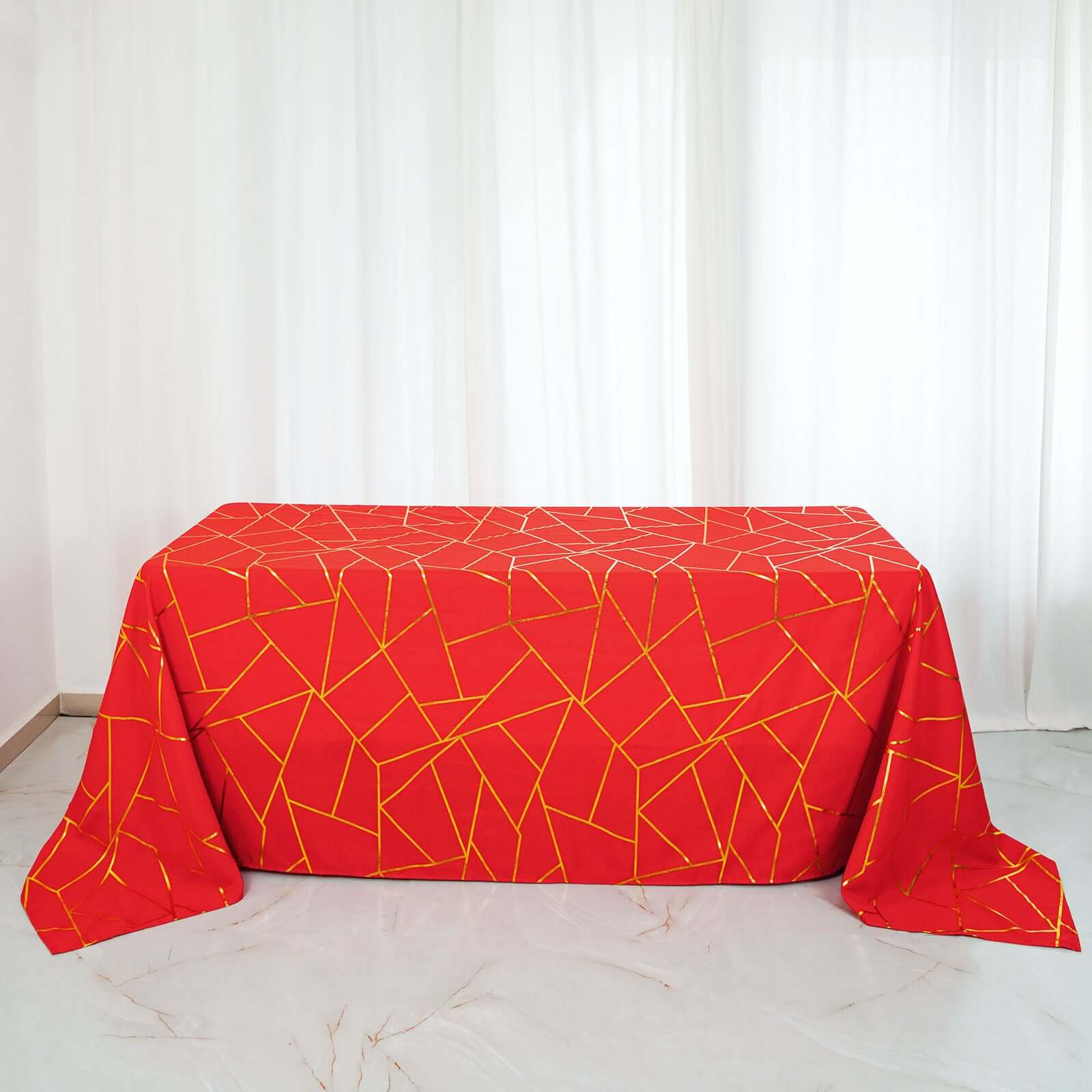 Hot! Red Seamless Polyester Tablecloth with Gold Foil Geometric Pattern, Wrinkle-Resistant (90x132)