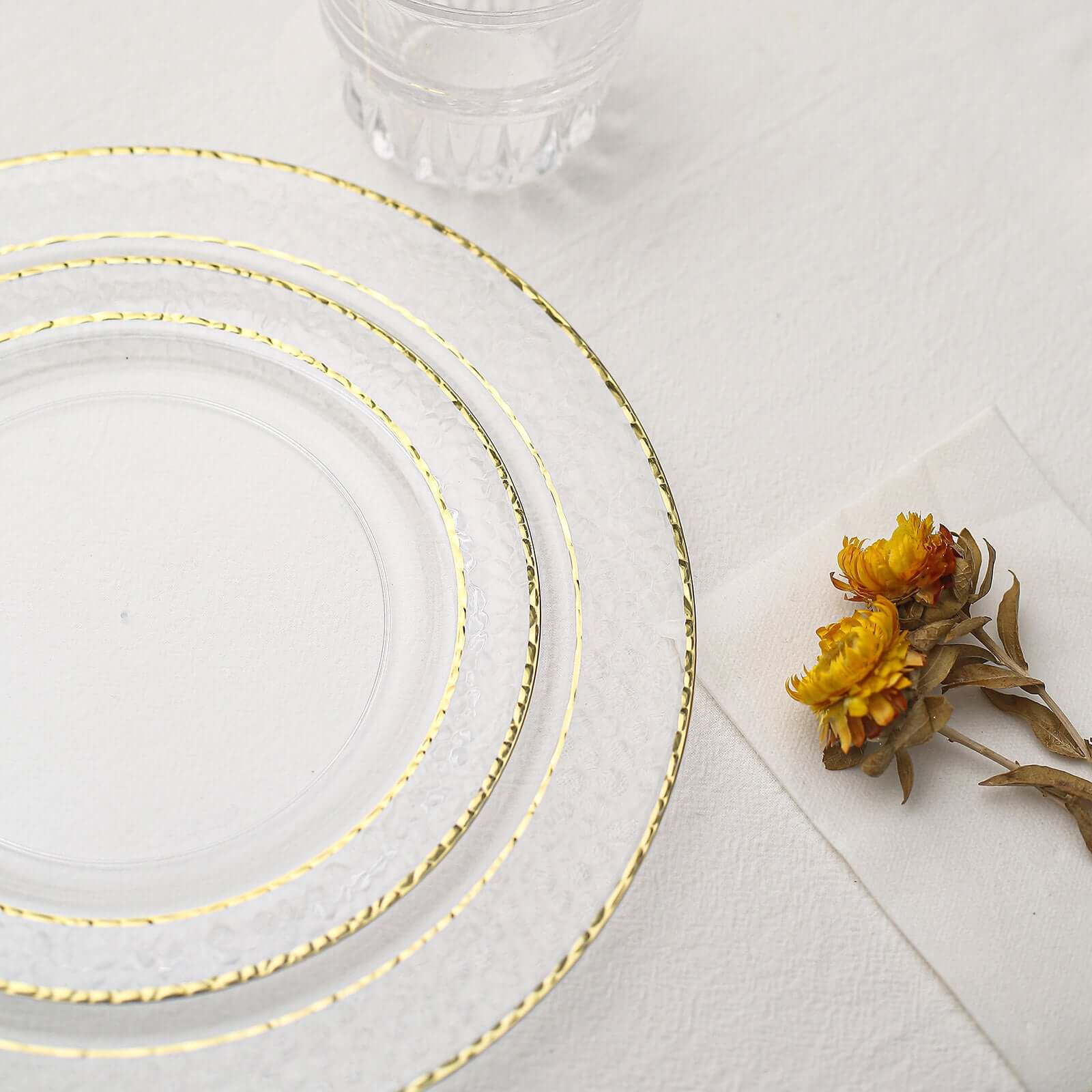 10-Piece Set of Disposable Clear Plastic Appetizer Plates with Hammered Design and Gold Rim for Special Events