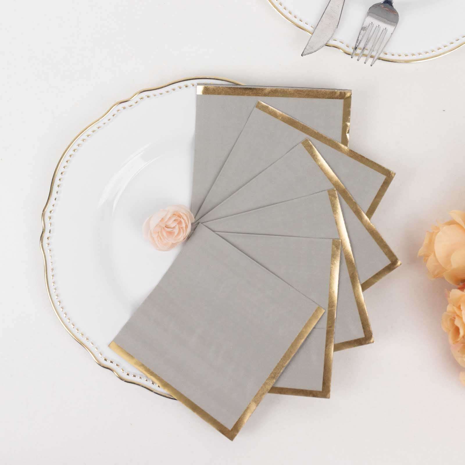 50-Pack 2-Ply Disposable Gray Cocktail Napkins with Gold Foil Edge - Soft 18GSM
