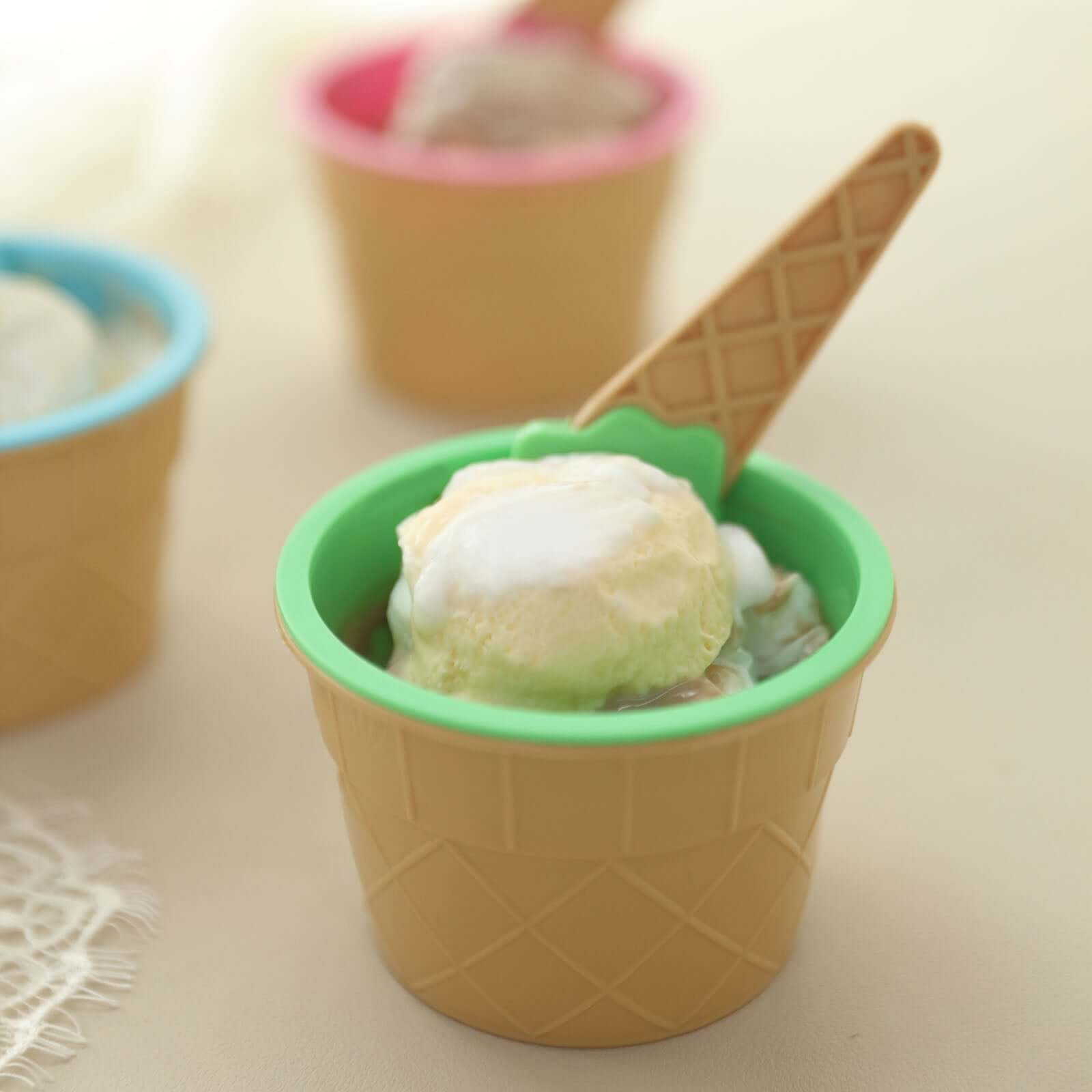 Set of 6 BPA-Free Plastic Dessert Cups with Waffle Design in Blue, Green, Pink & Matching Spoons