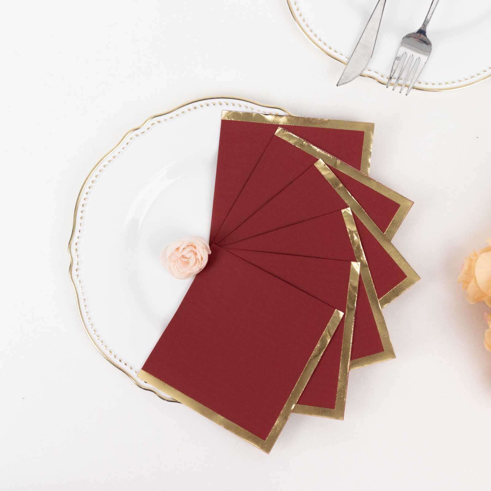 Hot! 50-Pack 2-Ply Disposable Burgundy Cocktail Napkins with Gold Foil Edge, 18GSM