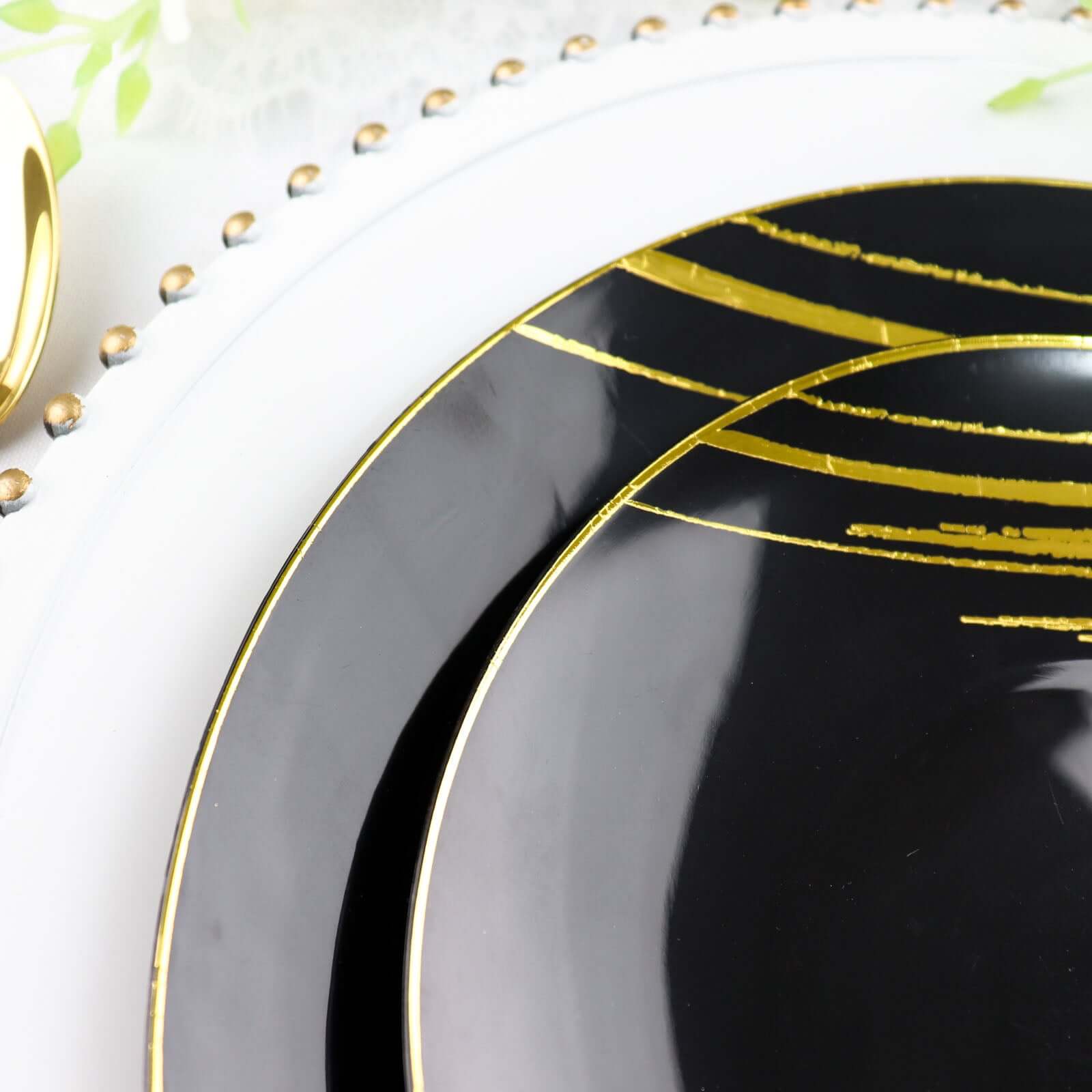 Hot Deal! 10-Pack Disposable Black Plastic Round Dinner Plates with Gold Brush Print