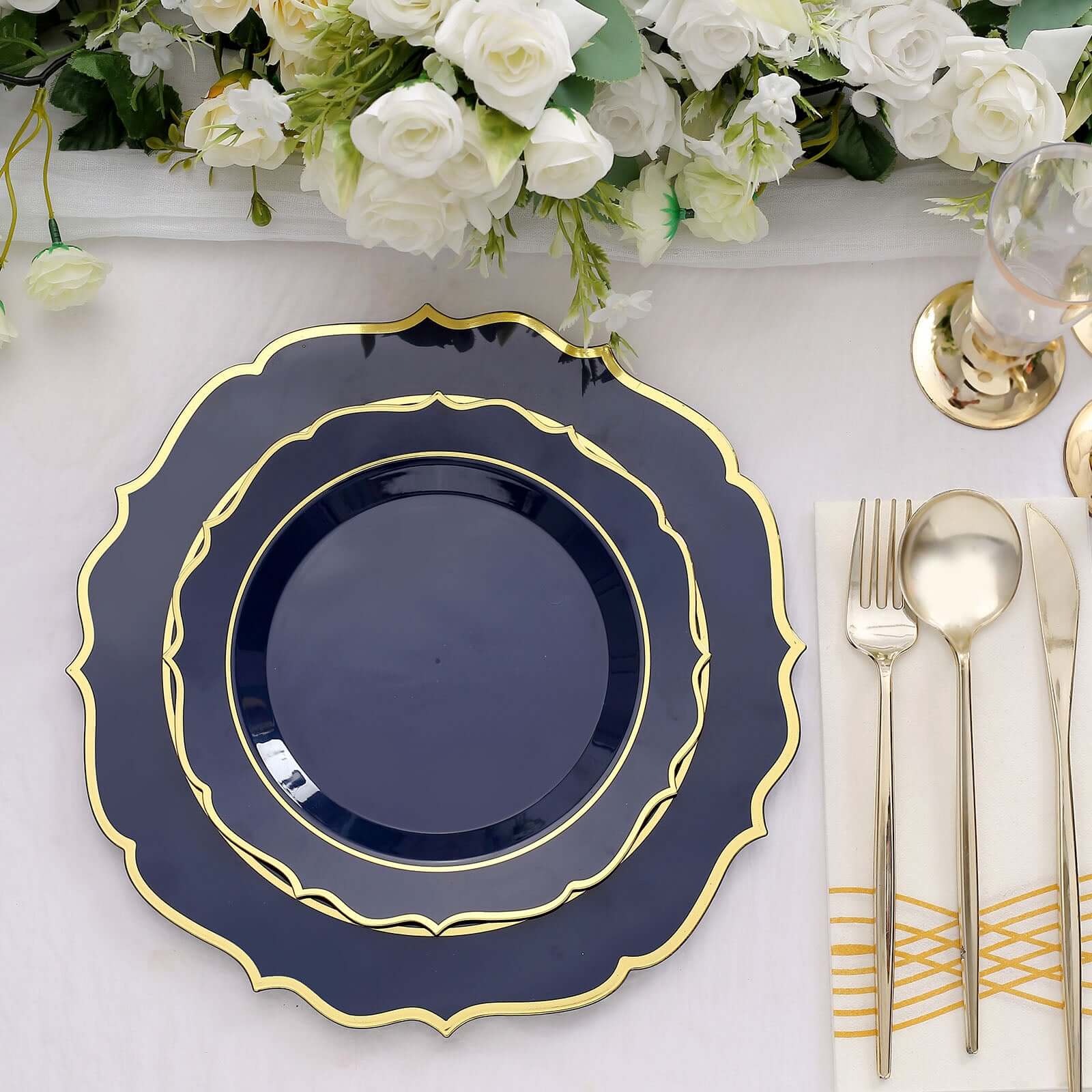 10-Pack Disposable Navy Blue Plastic Round Dinner Plates with Gold Scalloped Rims - Ideal for Parties