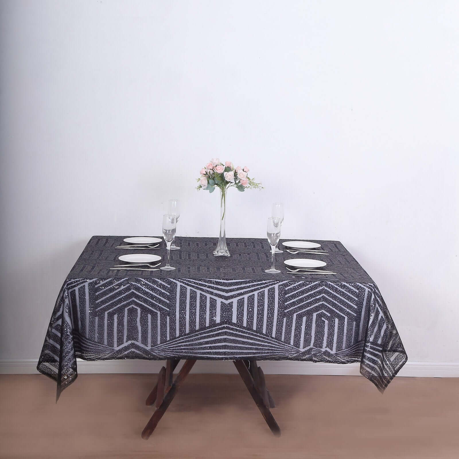 Black Diamond Glitz Sequin 72 Square Table Overlay Tablecloth