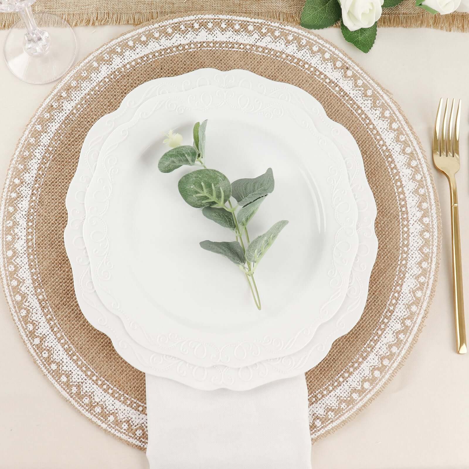 4-Pack Round Braided Placemats in Natural Jute and White - Ideal Rustic Table Mats 15 Inches