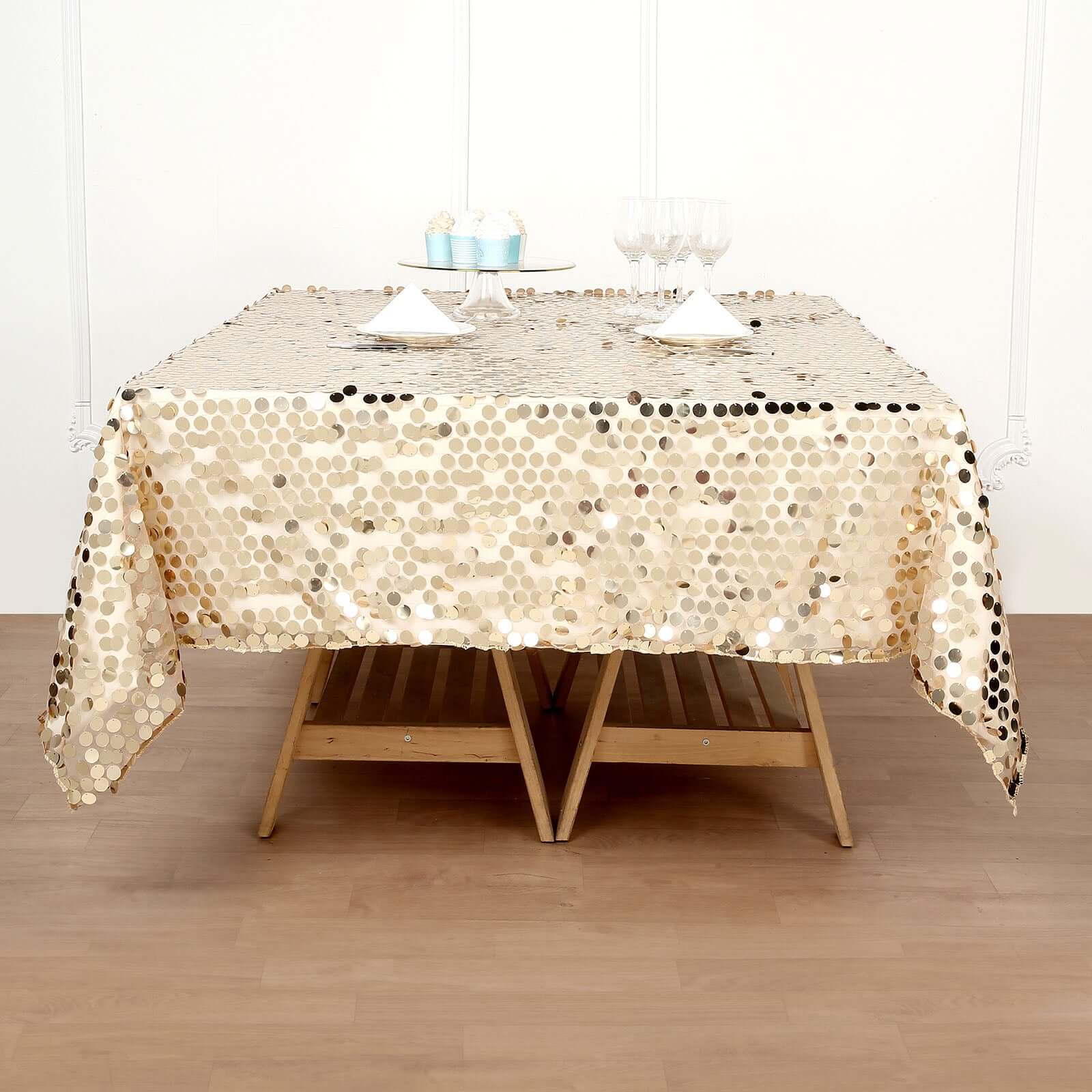Champagne Sequin 72x72 Square Table Overlay for Big Payette Tables