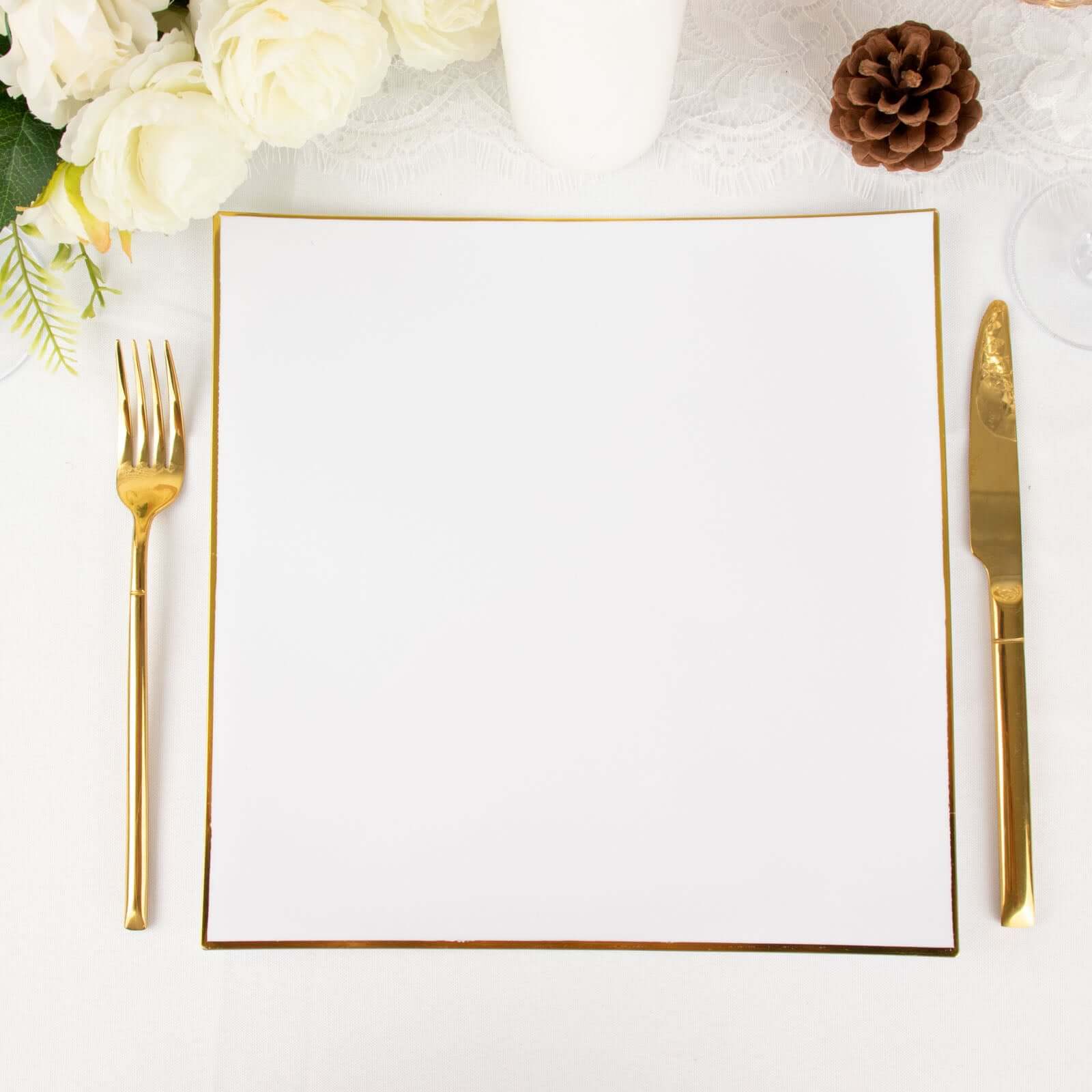10-Piece White Concave Square Plastic Dinner Plates with Gold Rim - Disposable for Weddings & Special Events