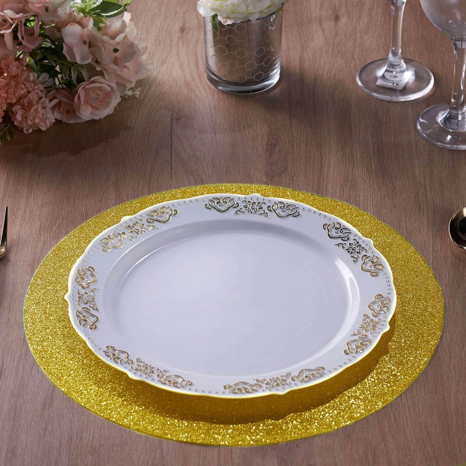 Hot Sale! 6-Pack Gold Glitter Round Non-Slip Placemats, 13" Diameter
