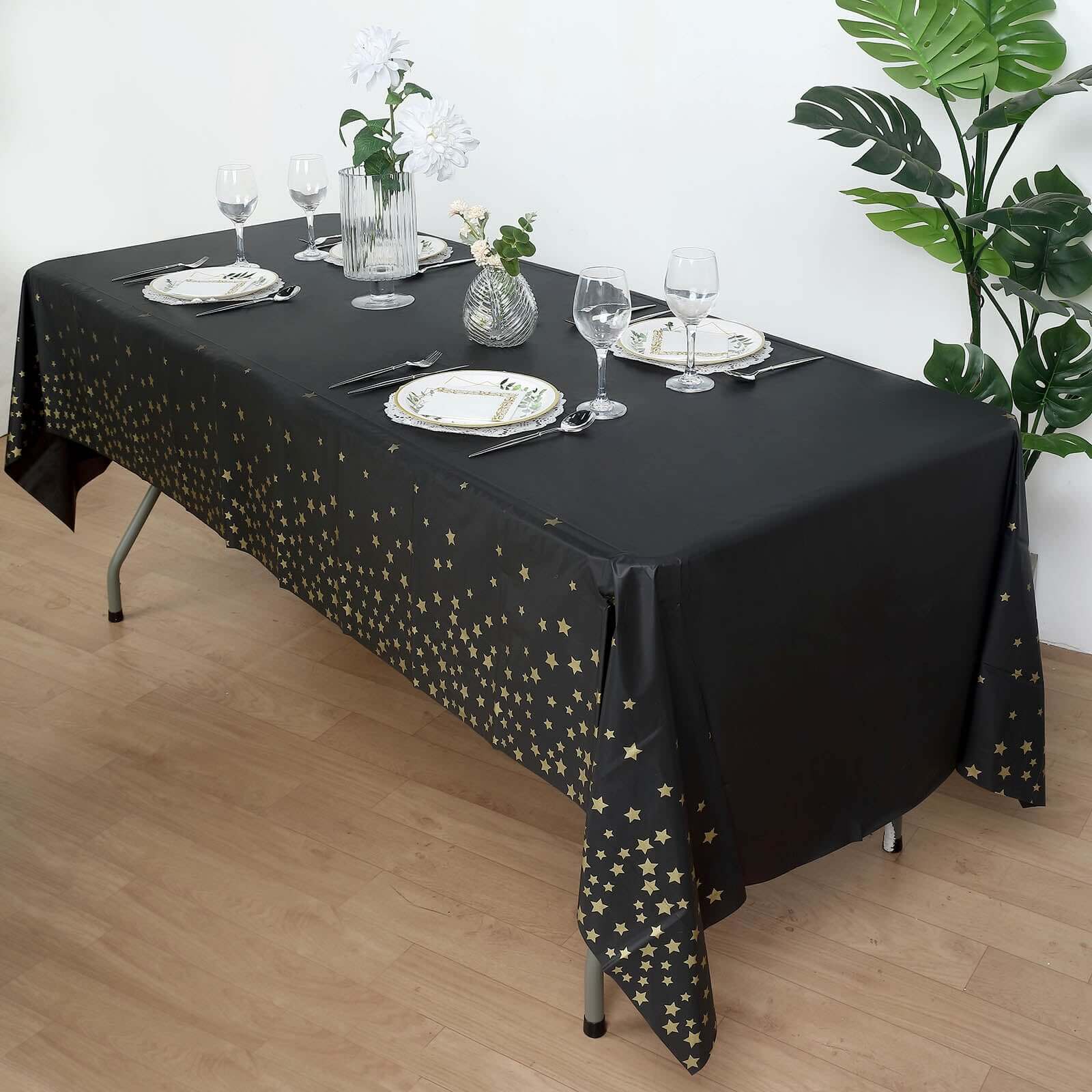 5-Pack Premium Disposable PVC Table Covers: Black Rectangle with Gold Stars, 54x108
