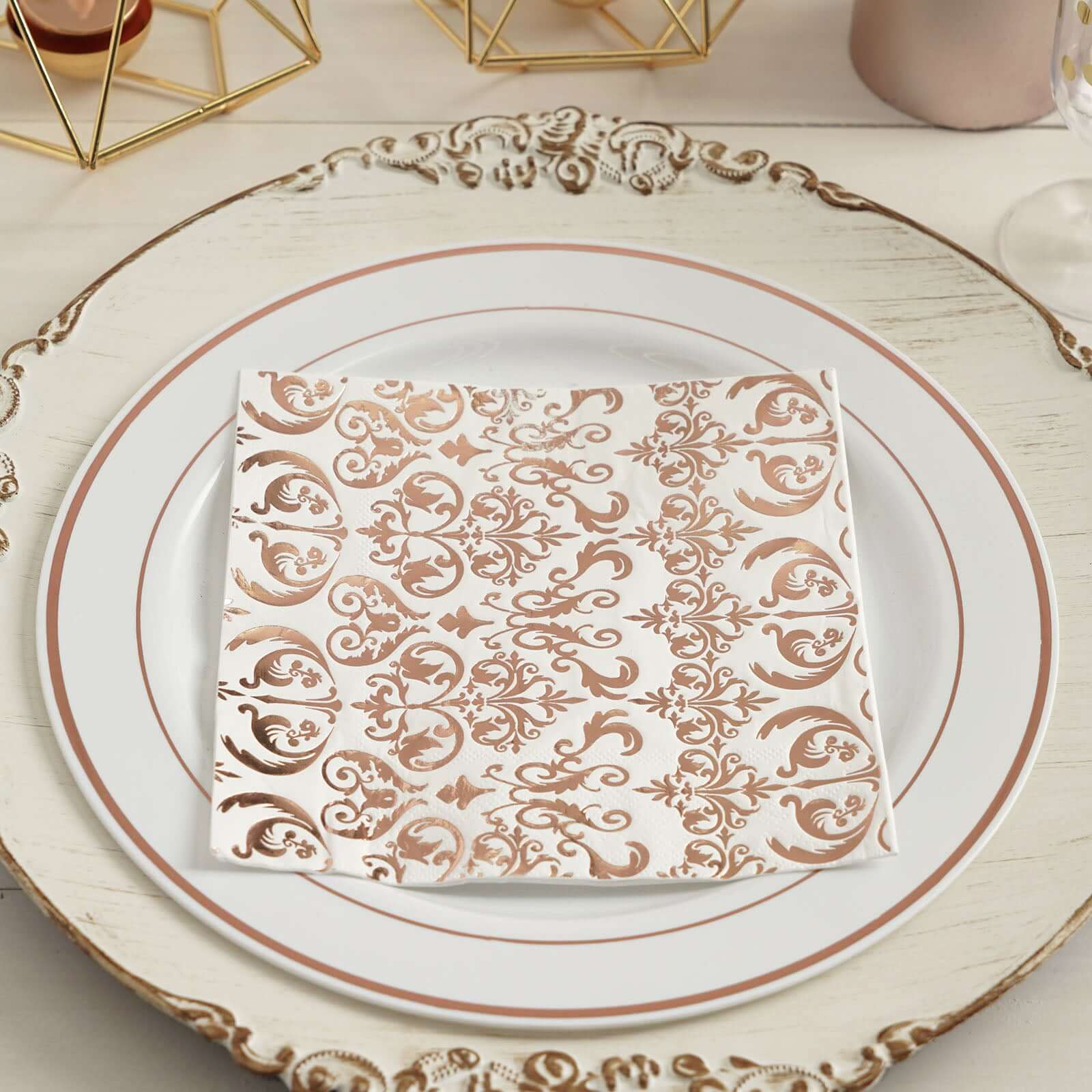 20-Pack Disposable 3-Ply Vintage Rose Gold Metallic Print Paper Dinner Napkins for Weddings