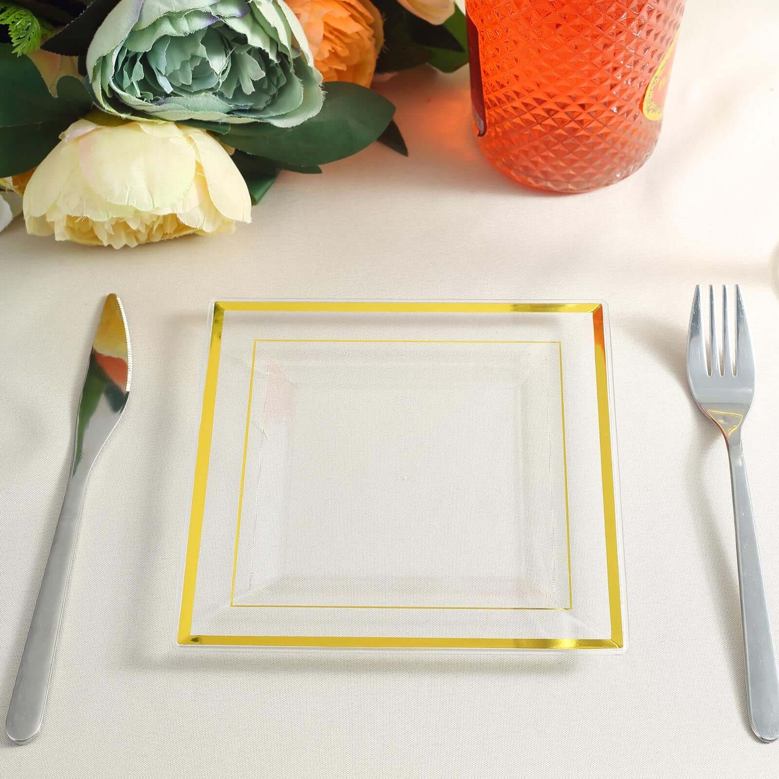 10-Pack Disposable Clear Square Salad & Dessert Plastic Plates with Elegant Gold Trim, 7 Inches