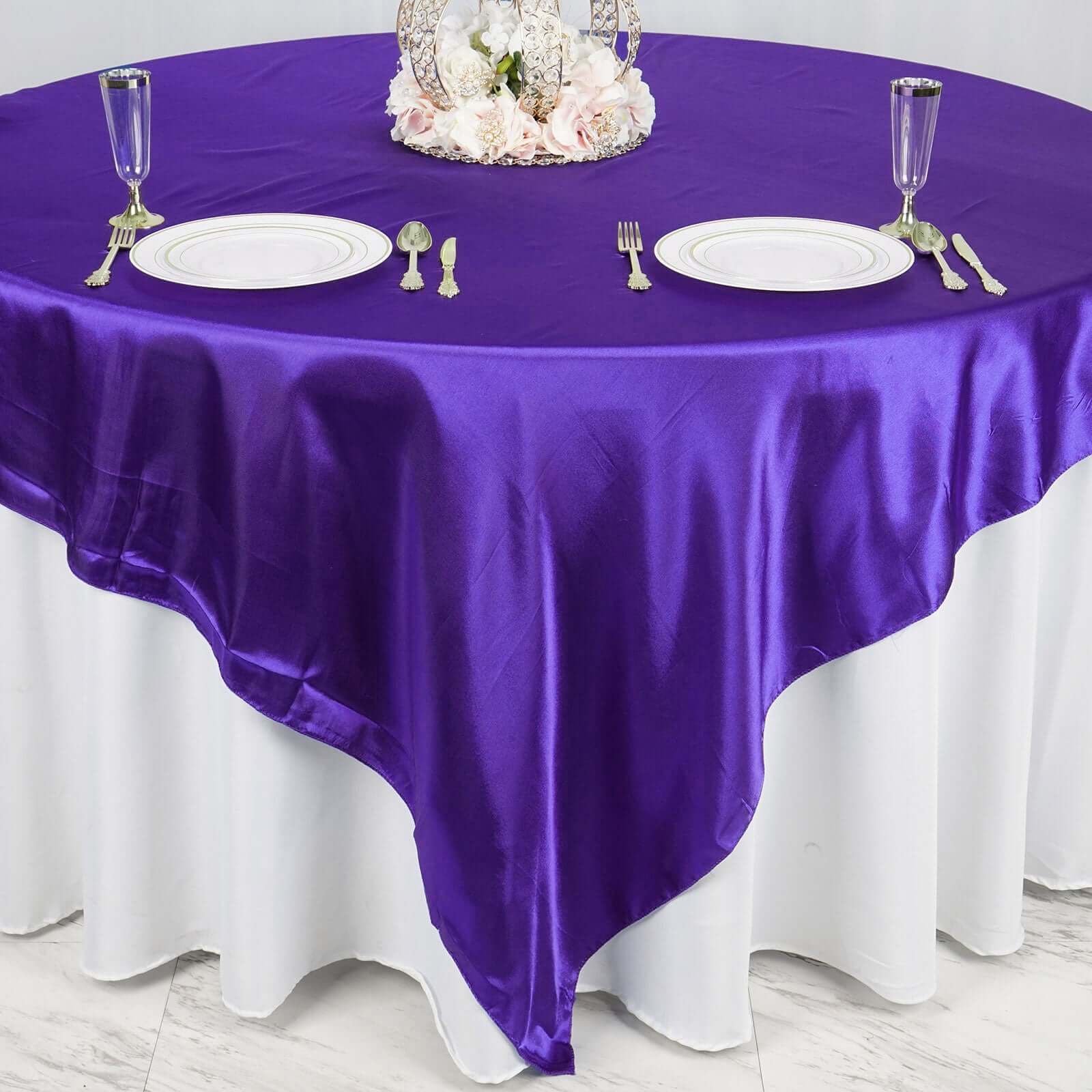 Purple Satin 90x90 Square Table Overlay - Smooth Finish, Ideal Table Topper