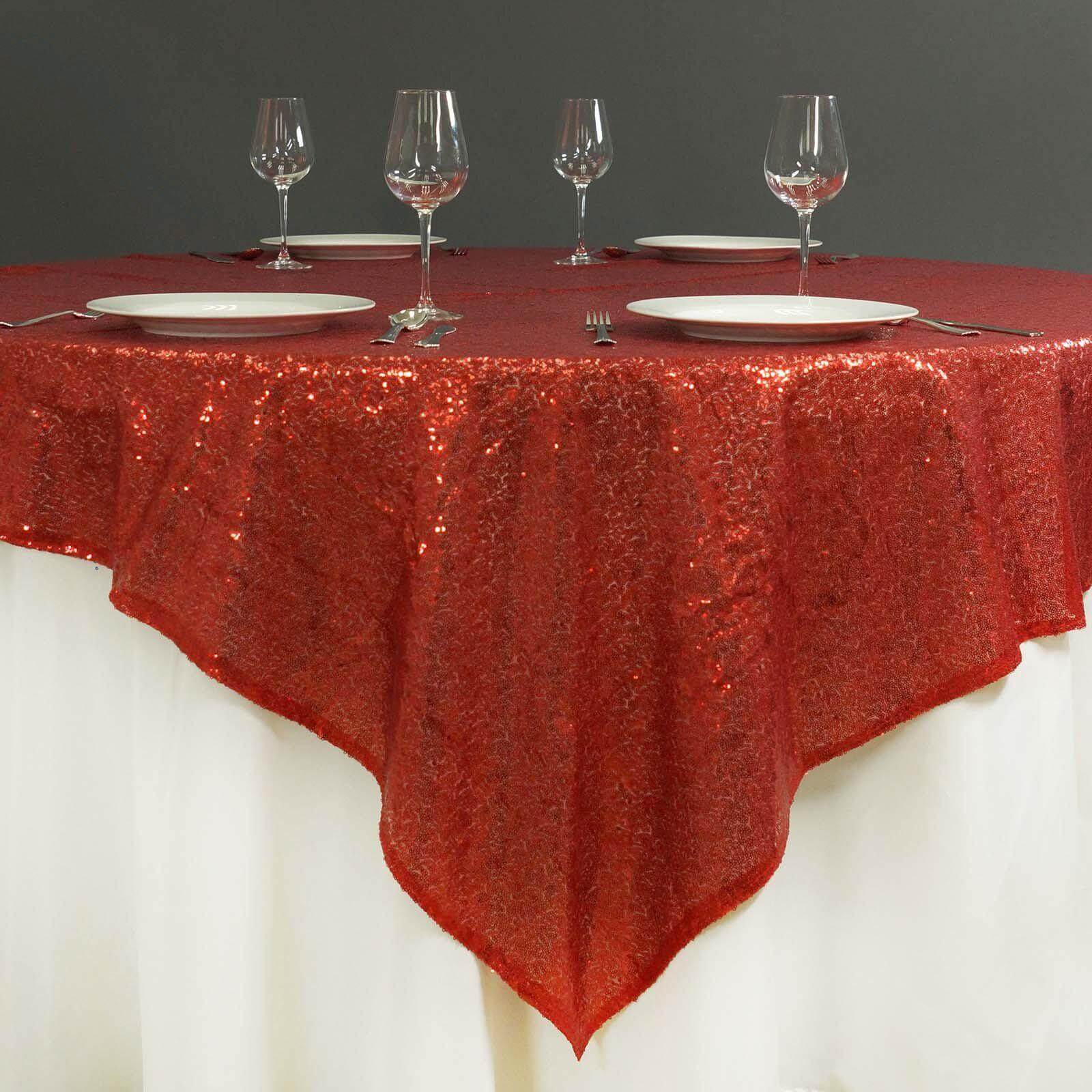 Hot Sale! Red Sparkly Square Table Overlay Tablecloth, 72x72 with Glistening Sequins