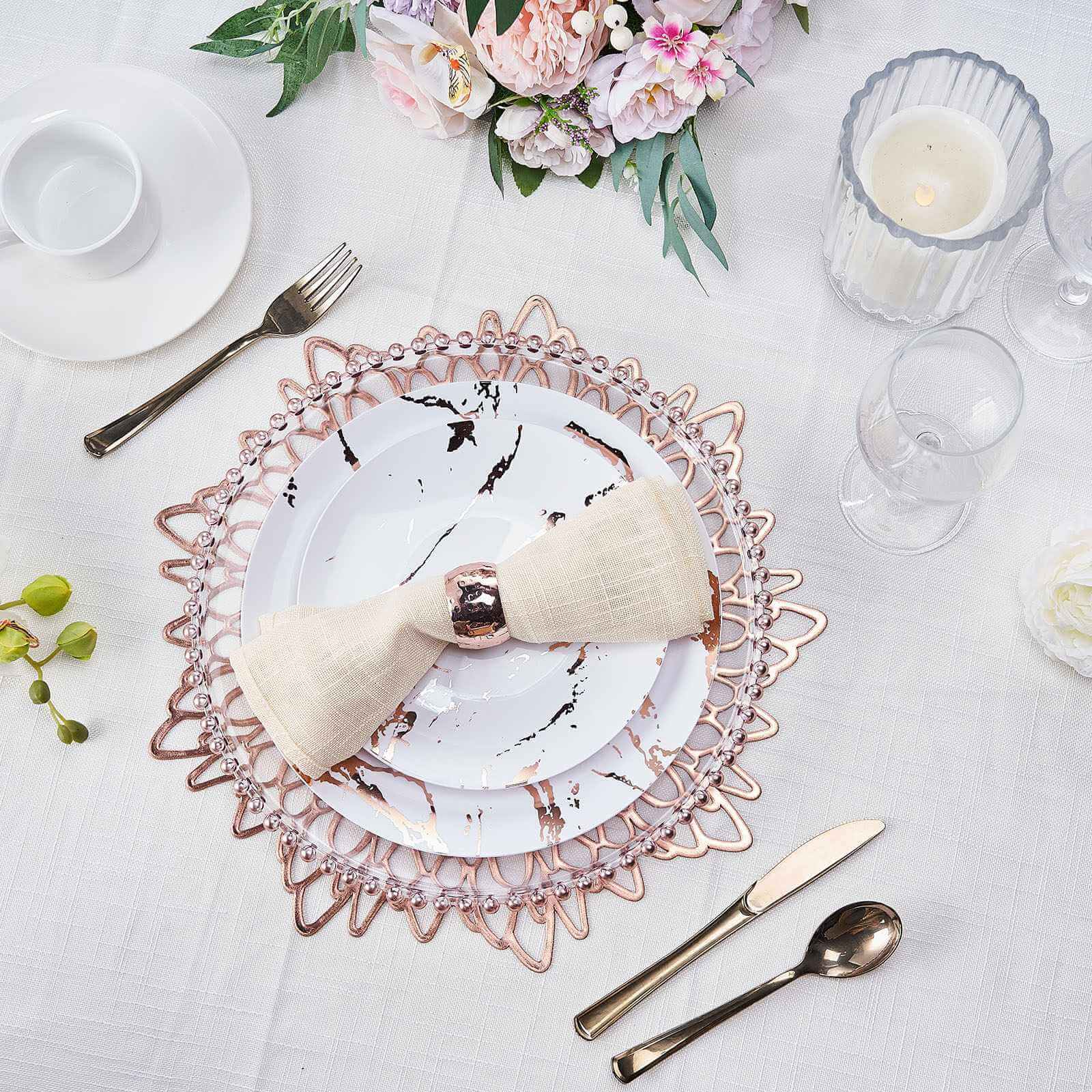 6-Piece Rose Gold Floral Round Non-Slip Vinyl Dining Table Mats, 15 Inches
