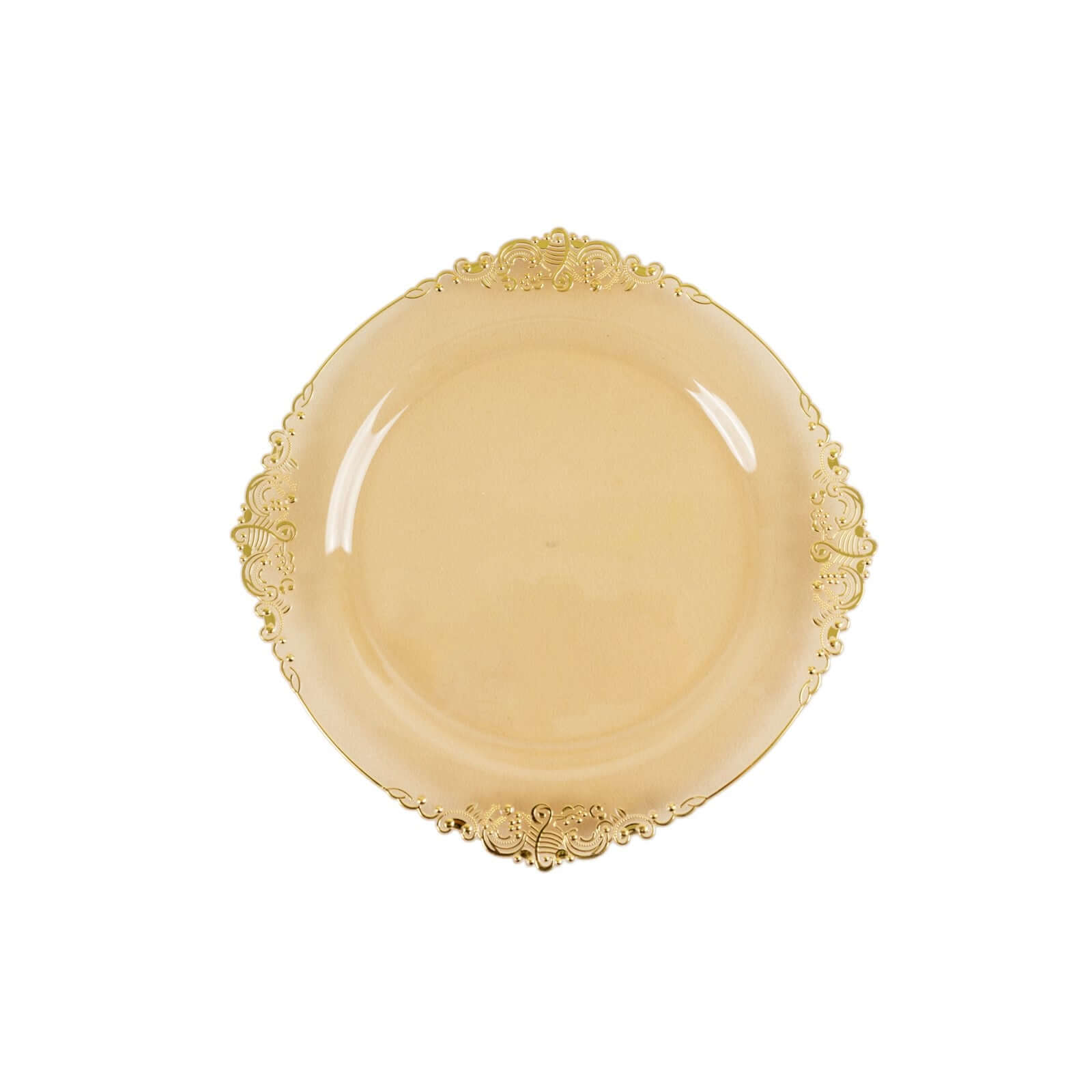 10-Pack Disposable Vintage Baroque Style 8-Inch Round Plastic Dessert Plates in Transparent Amber Gold with Gold Leaf Rim