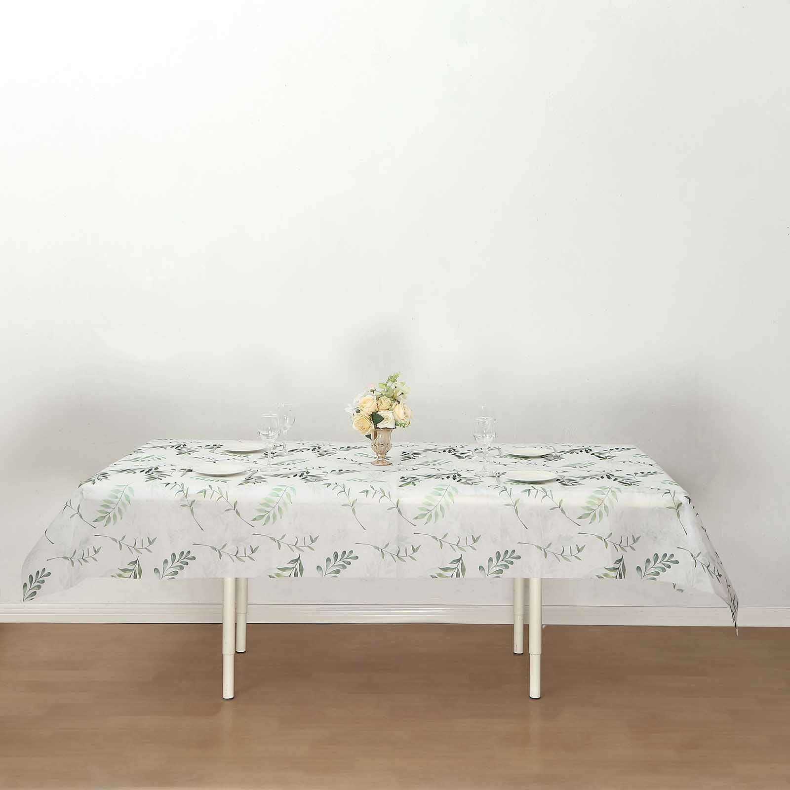 Hot Deal! Disposable Non-Woven Rectangle Tablecloth in White/Green with Olive Leaves Print, 60x102 for Summer
