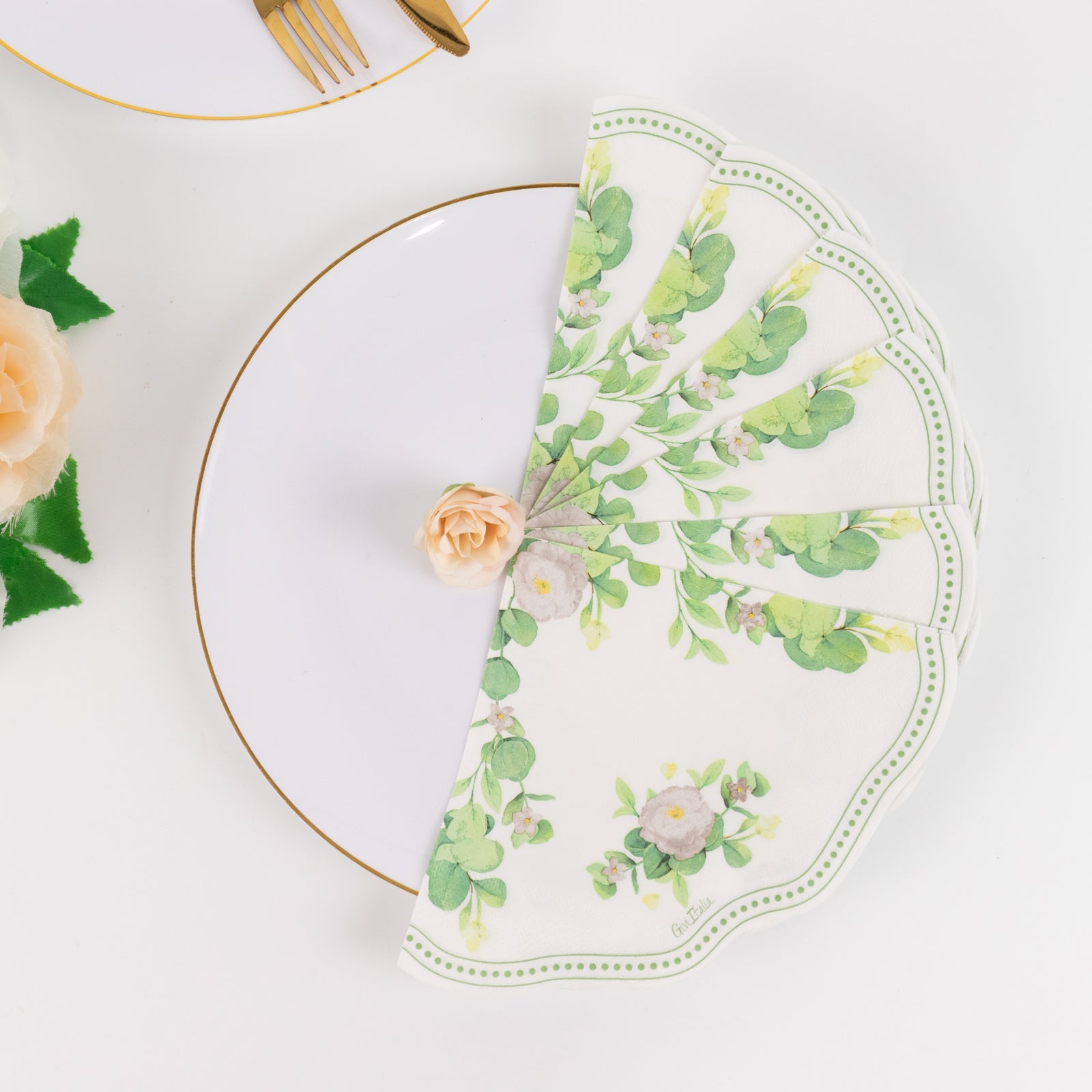 Hot! 25-Pack Disposable 2-Ply Round White Paper Cocktail Napkins with Floral Greenery & Scalloped Edge