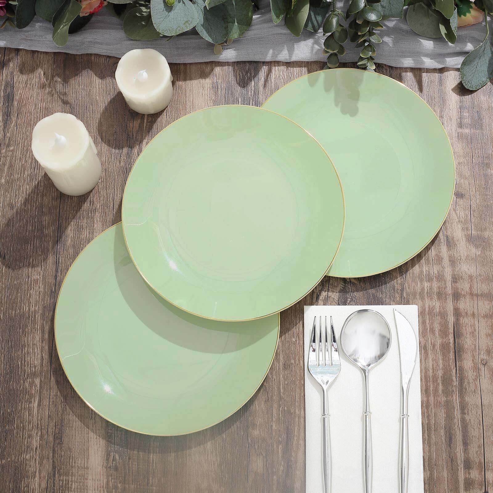 Hot Deal! 10-Pack 8" Sage Green Plastic Dessert Plates with Gold Rim - Disposable & Sturdy