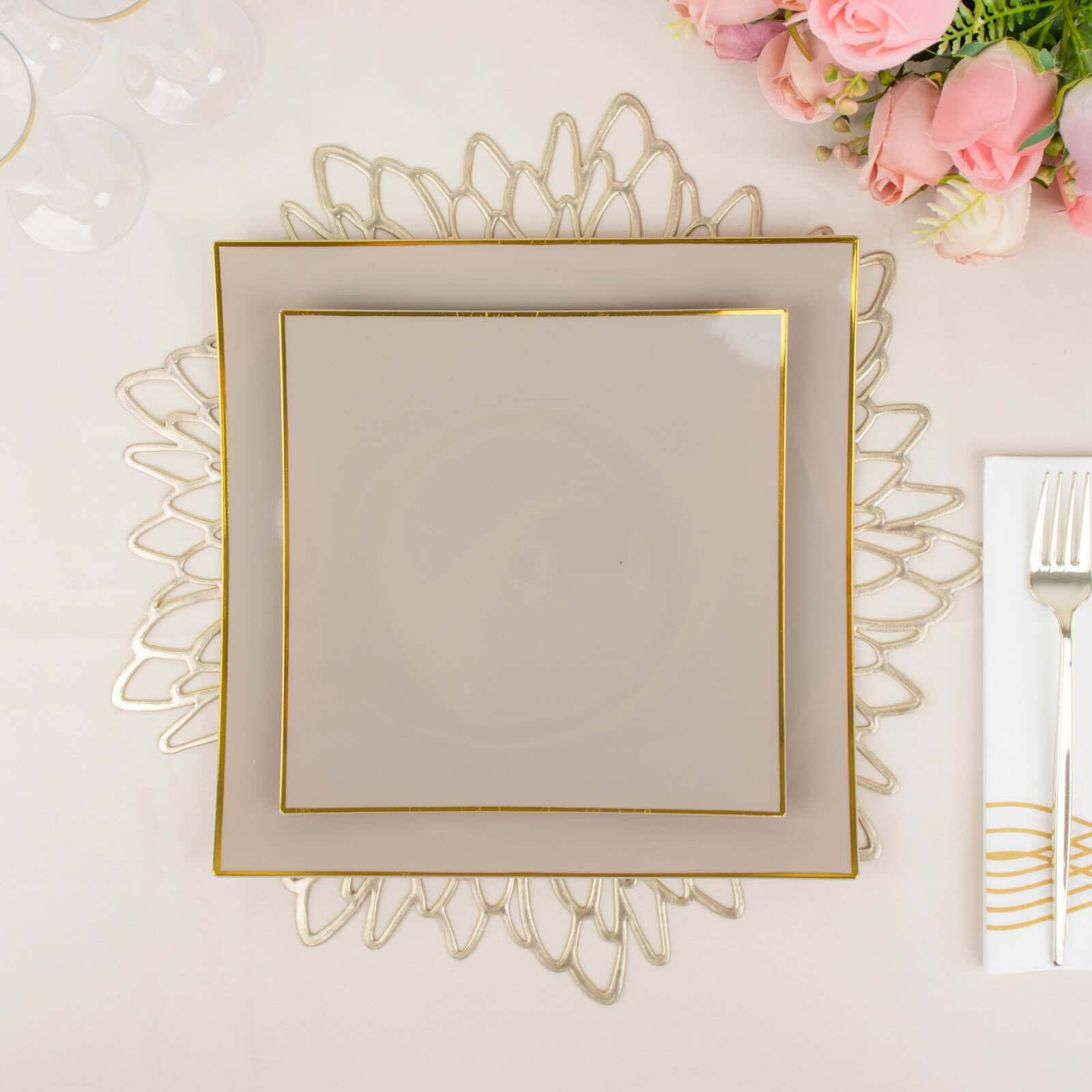 10-Pack Disposable Taupe Plastic Square Dessert Plates with Gold Rim - Ideal for Parties