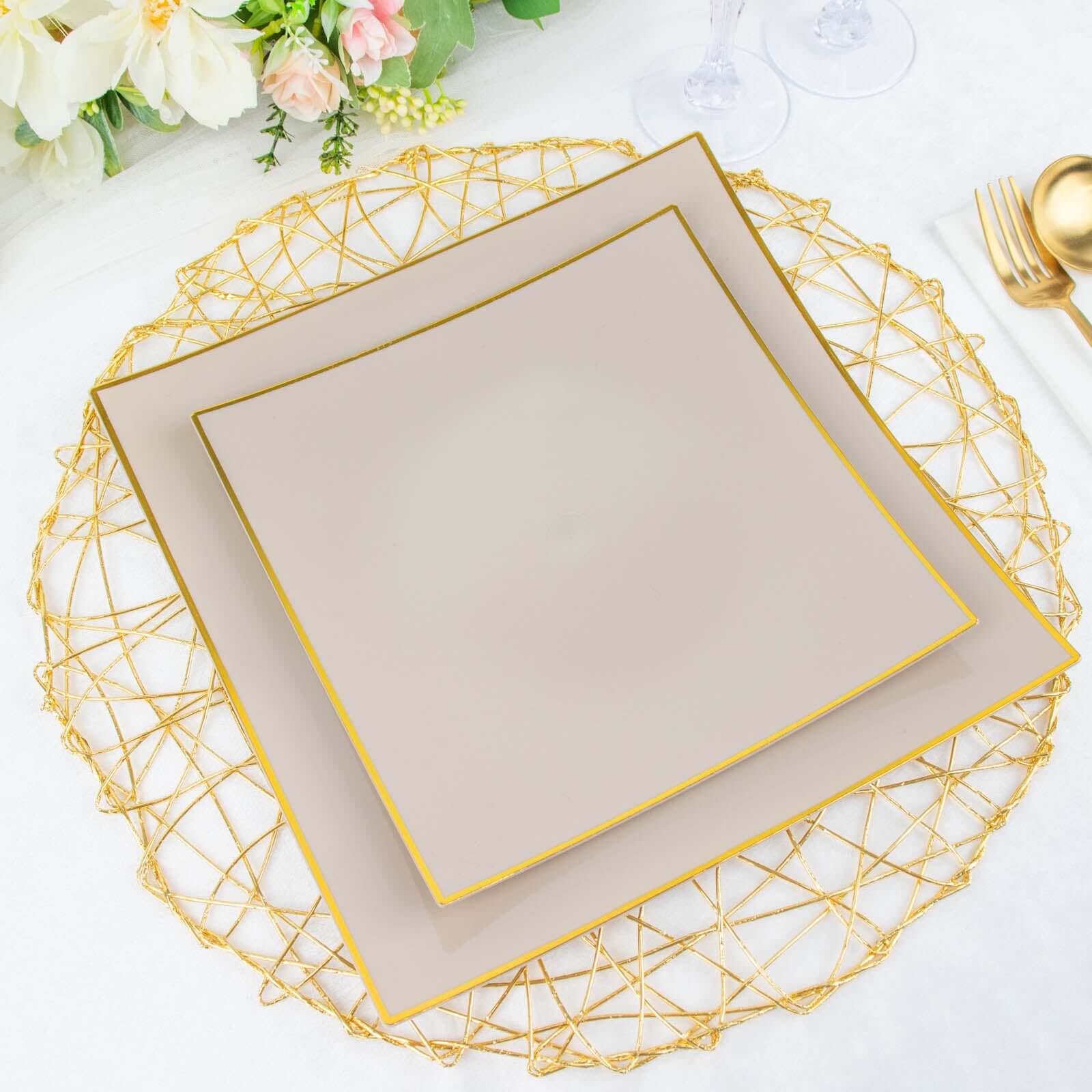 10-Pack Disposable Taupe Plastic Square Dessert Plates with Gold Rim - Ideal for Parties
