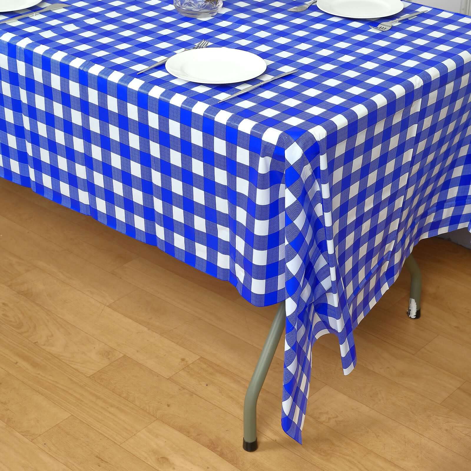5-Pack Royal Blue Checkered Plastic Table Covers - Durable & Disposable for Events, 54x108