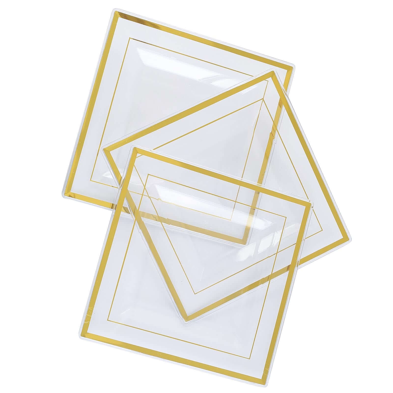 10-Pack Disposable Clear Square Salad & Dessert Plastic Plates with Elegant Gold Trim, 7 Inches