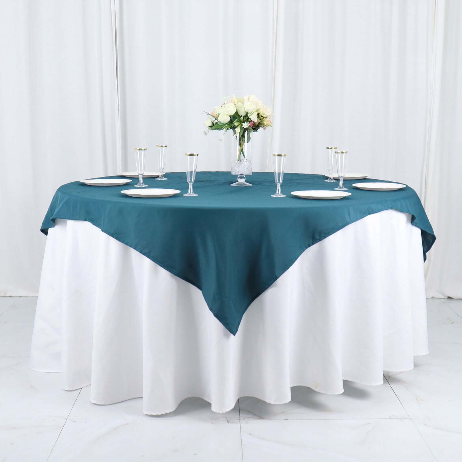 Wrinkle-Resistant & Durable Peacock Teal Polyester Square Table Overlay Tablecloth, 54x54