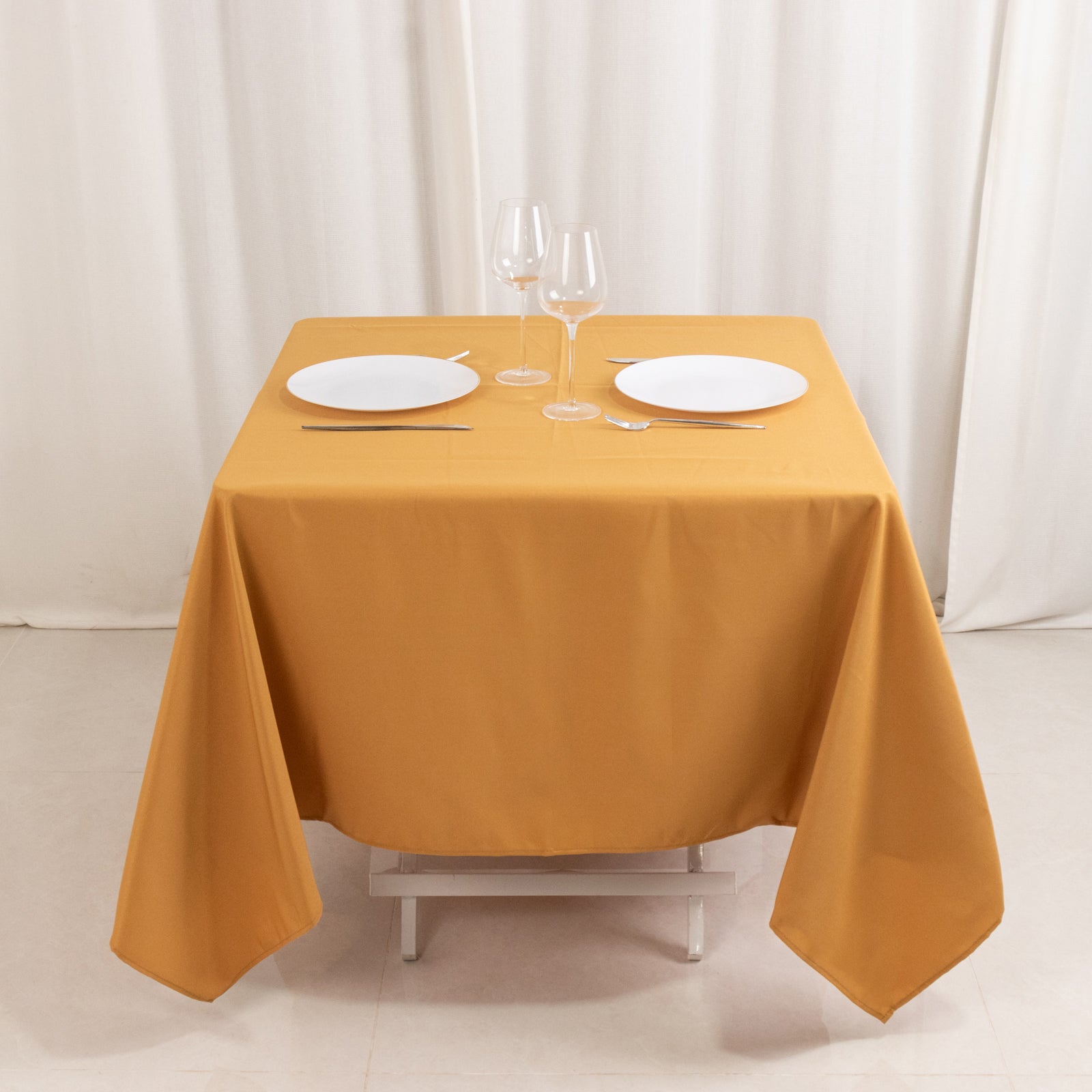 Hot Sale! 220GSM Wrinkle-Resistant Gold 70x70 Premium Polyester Square Tablecloth for Stylish Gatherings