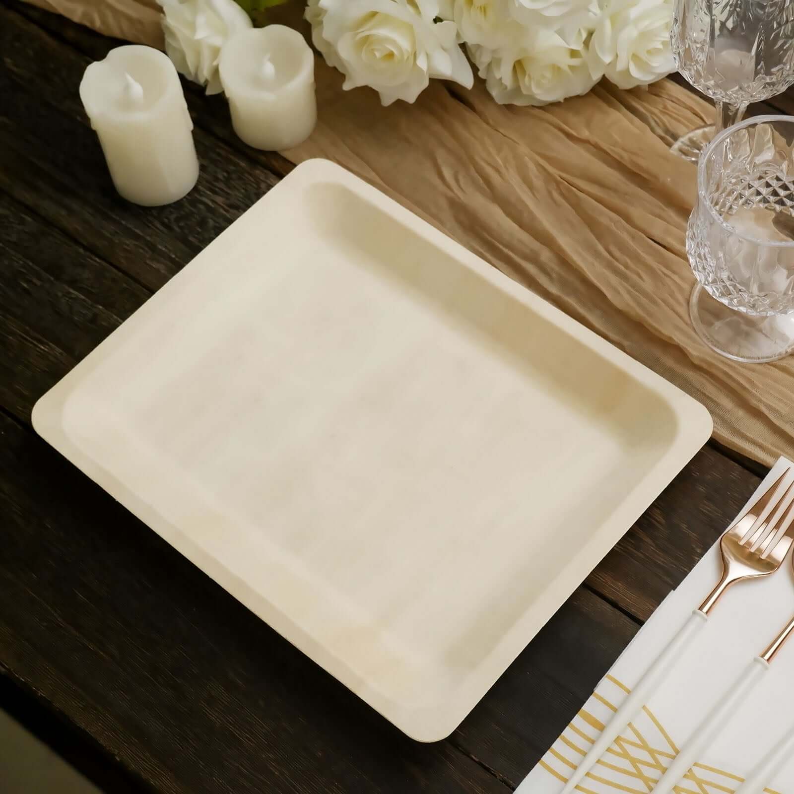 12-Pack Natural Birchwood 8x10 Rectangle Disposable Dinner Plates - Ideal for Farmhouse Events
