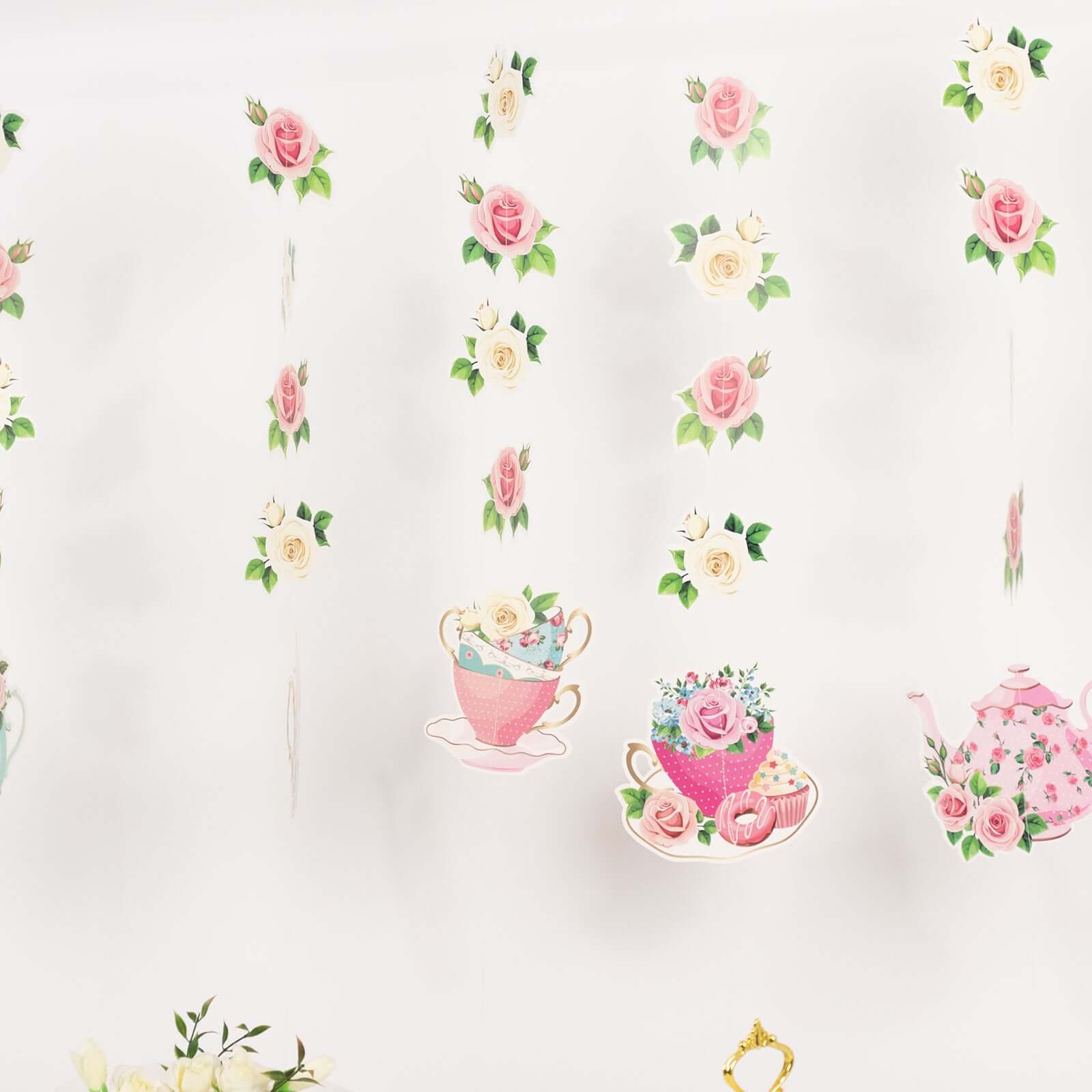 8-Pack Double-Sided Floral Tea Party Paper Garland Set: 40 Pre-Assembled Mixed Teapot Decorations