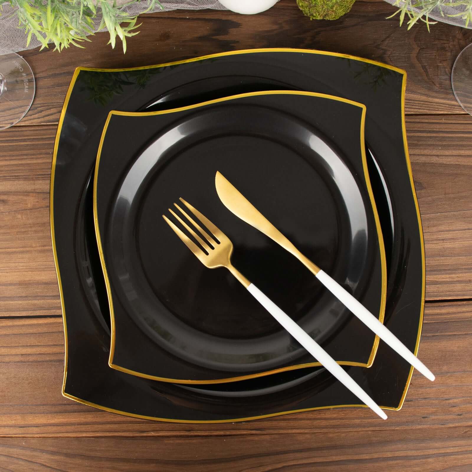 Get 10-Pack Disposable Black Plastic Square Dinner Plates with Gold Wavy Rim for Modern Parties