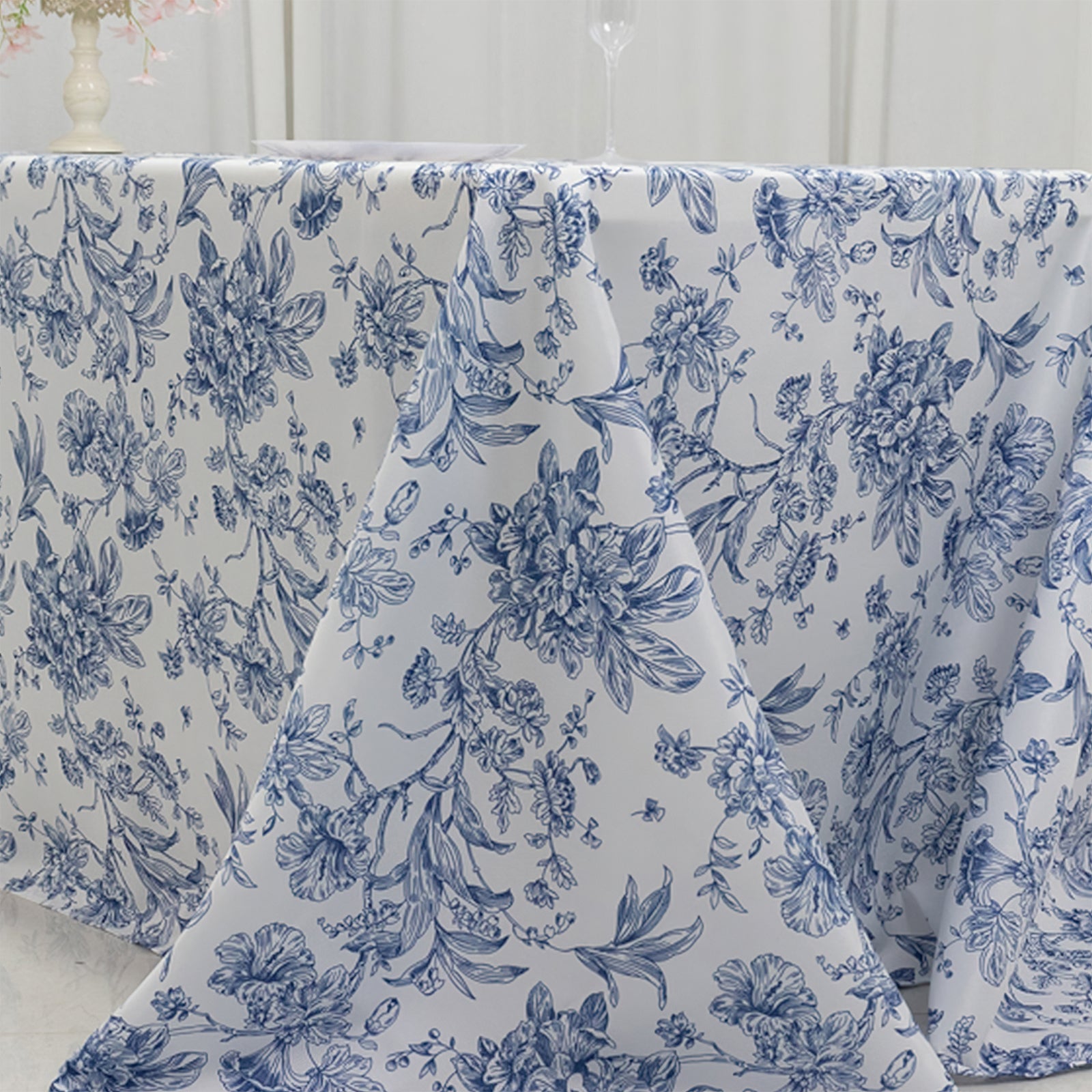 White Polyester Rectangle Tablecloth with Seamless Blue French Toile Pattern for Elegant Events