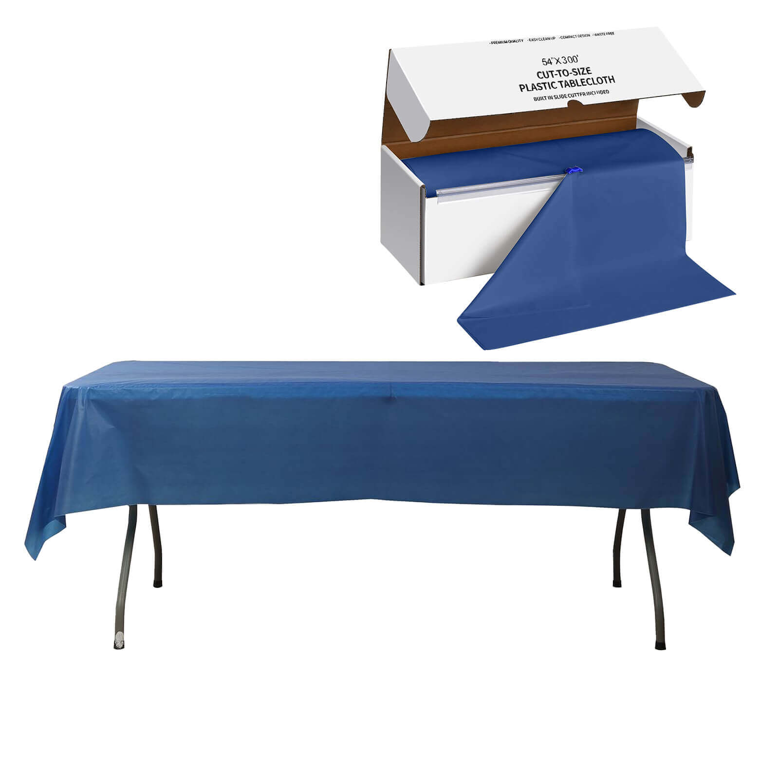 Navy Blue Plastic Table Cover Roll with Slide Cutter - Customizable & Durable 54x300ft