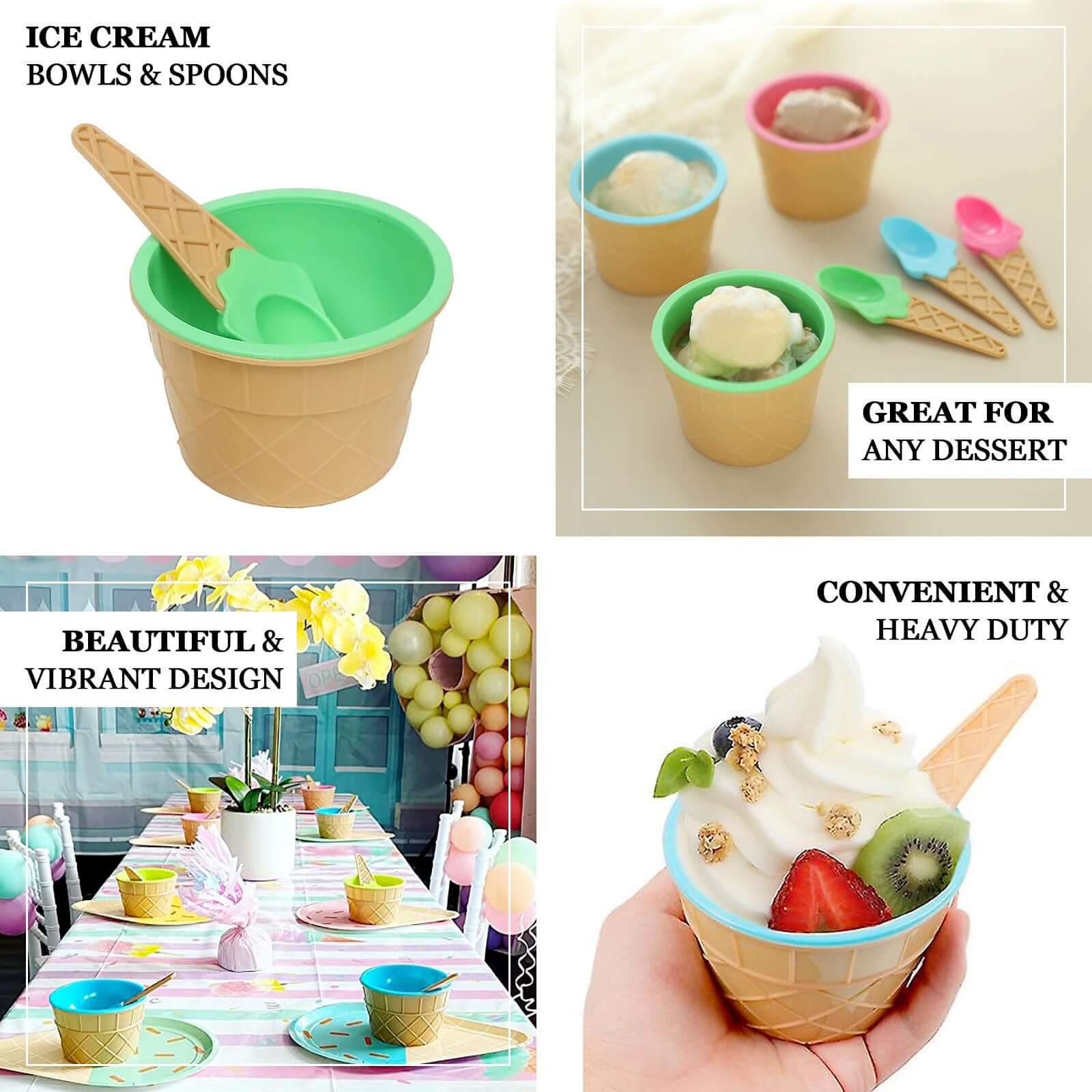Set of 6 BPA-Free Plastic Dessert Cups with Waffle Design in Blue, Green, Pink & Matching Spoons