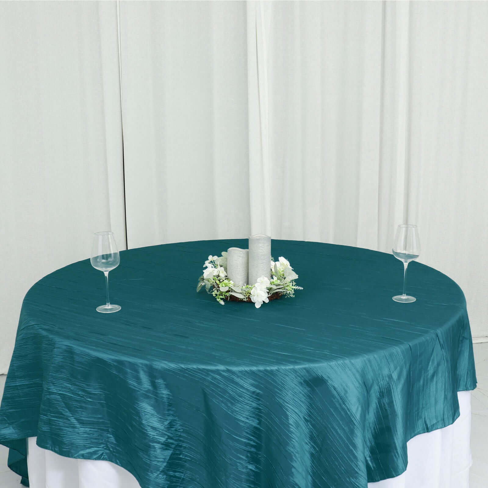 Exclusive Peacock Teal 90x90 Crinkle Taffeta Square Table Overlay